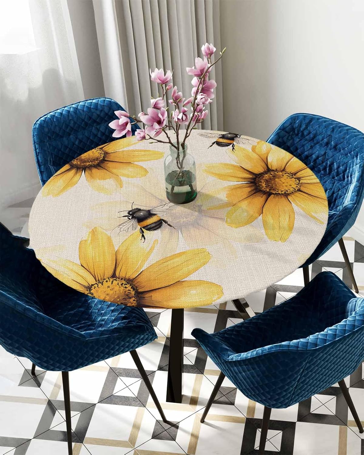 Summer Floral Round Tablecloth Yellow Daisy and Bees Fitted Table Cover with Elastic Edge Rustic Linen Texture Waterproof Table Cloth for Dining Cafe Picnic, Fits Round Table up to 45"-54" Diameter