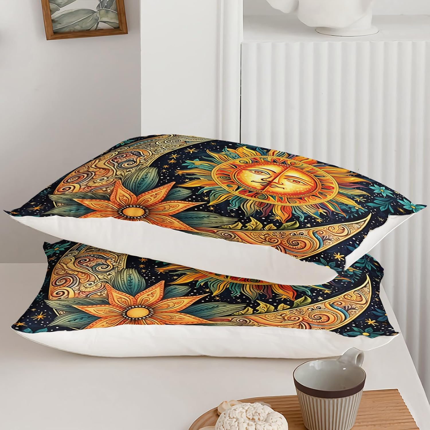 Boho Sun Comforter Set Queen Size, Floral Botanical Bedding Set, Kids Girls Boys Adult Room Decor