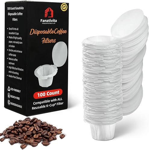 100 filtros Fanativita K Cup desechables con diseño de tapa Genius, se adaptan a todas las tazas K reutilizables para Keurig (blanco)