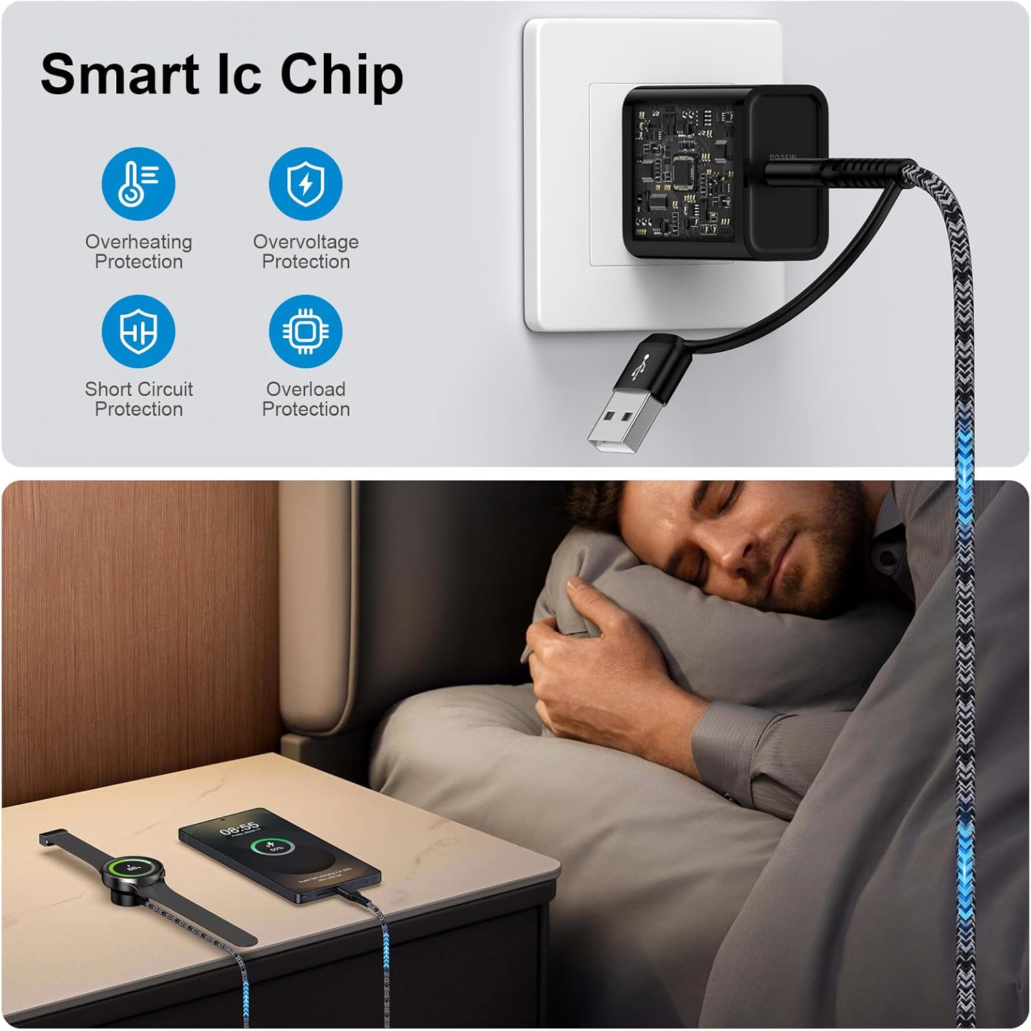 Galaxy Watch Fast Charger for Samsung Galaxy Watch 8/8 Classic/Ultra/7/FE/6/6 Classic/5 Pro/5/4/4 Classic/3/Active2/1 Charger Cable Dock, 2 in 1 25W USB C Fast Charger for Samsung S25/S24//S23/S22/A16 - Image 7