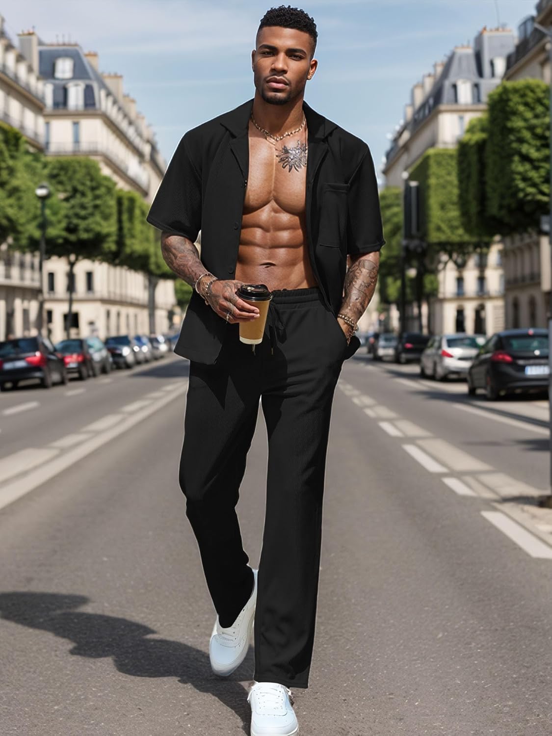 UOUA Mens Summer 2 Piece Set Casual Outfits Button Short Sleeve Shirt & Loose Pants Textured Striped Tracksuit Walking Suits - Image 2