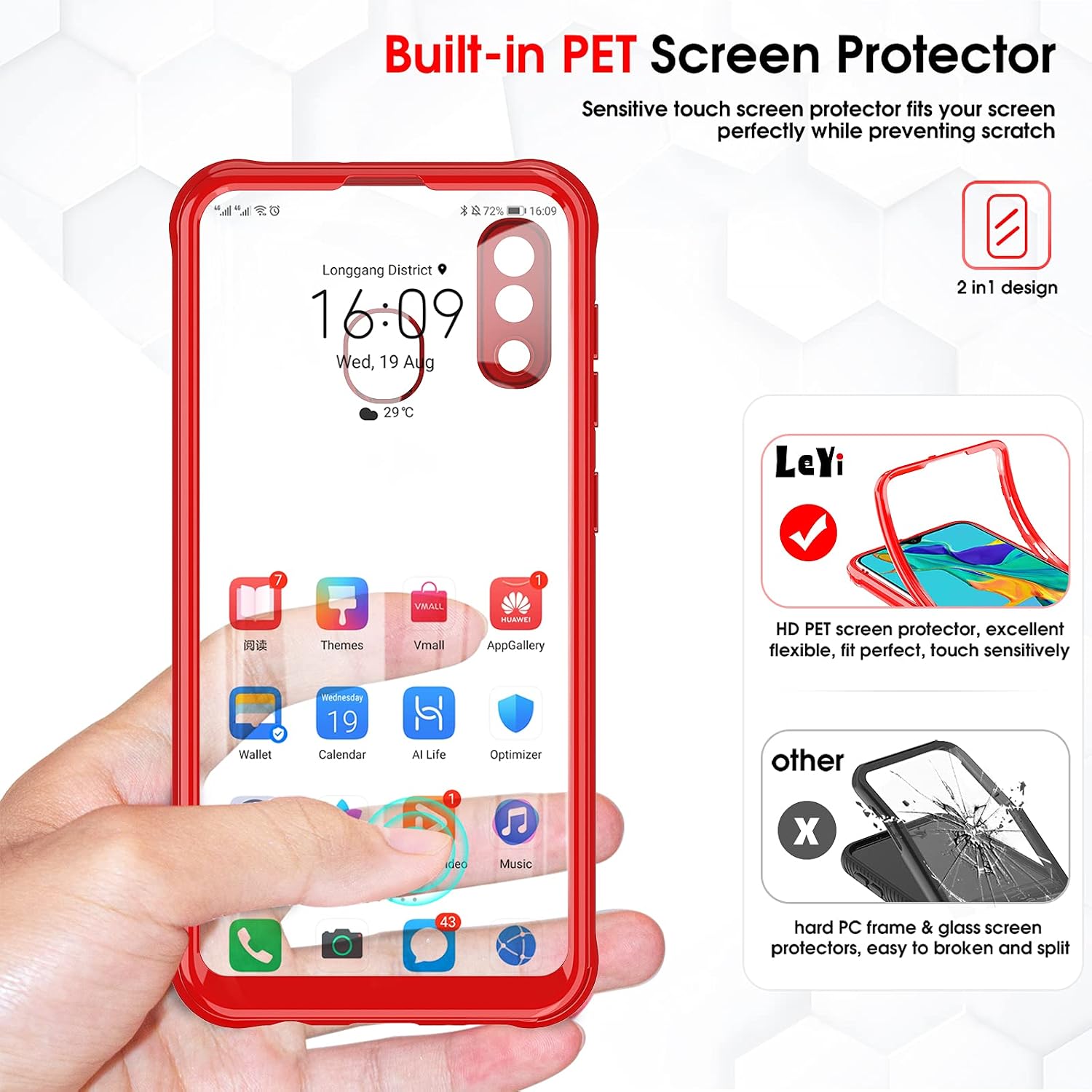 LeYi Compatible with Samsung A20 Case, Samsung Galaxy A20 Case Built-in Screen Protector, 360 Full-Body Protective Dual Layer Shockproof Anti-Scratch Slim Clear Phone Case Cover for Samsung A20, Red