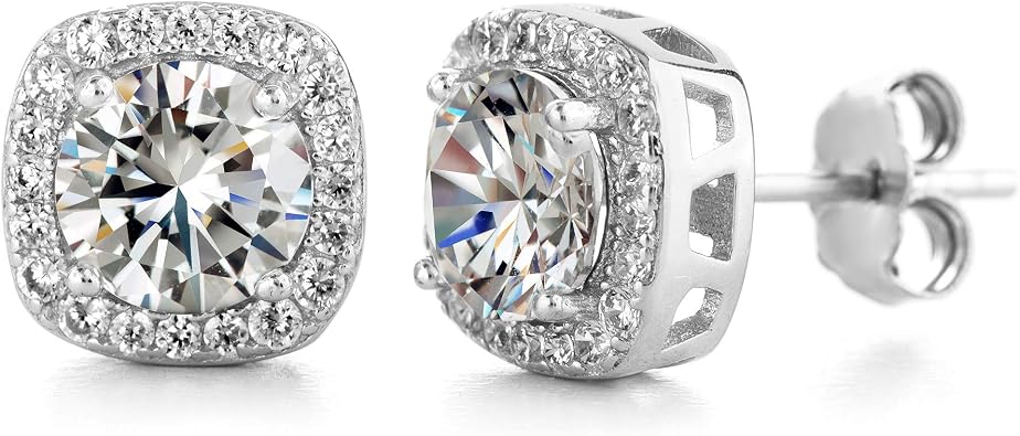Devin Rose Square Halo Stud Earrings for Women made with Faceted Crystals in Rhodium Plated Brass White