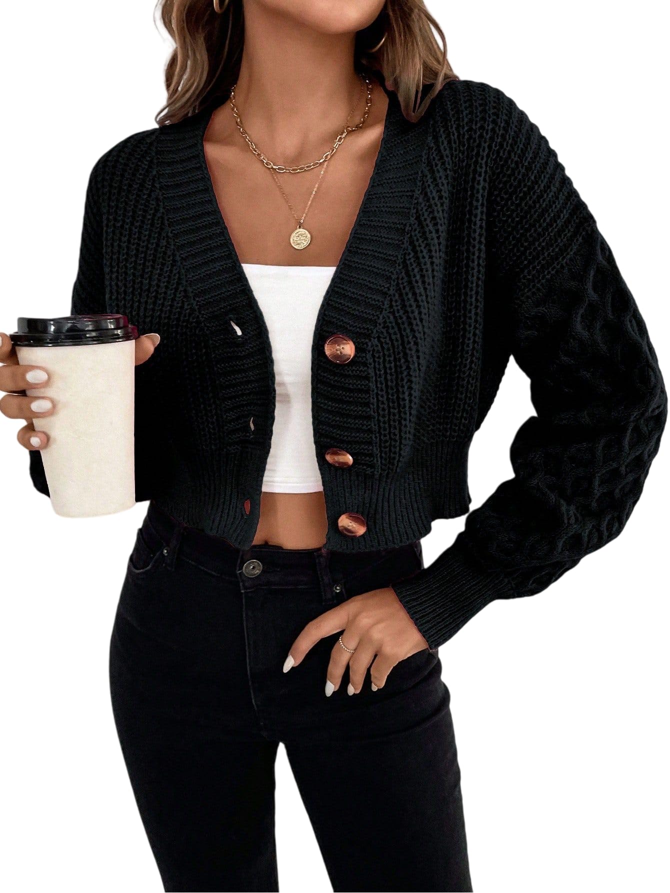 SISKIN Womens Cropped Cardigan Sweater 2025 V - Neck Cable Knit Button Up Batwing Drop Shoulder Fall Sweater