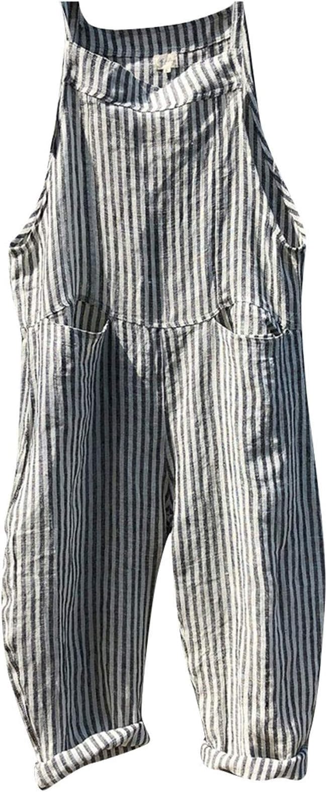 Women's 's Fashion Overalls Casual Pocket Tie Sleeveless Striped Jumpsuit Overall Shorts Summer