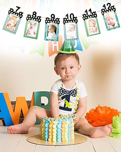 Miniatura 7 de Cartel de fotos de primer cumpleaños, 12 piezas de decoración de cumpleaños de un año con temática de lazo, decoraciones de primer cumpleaños para