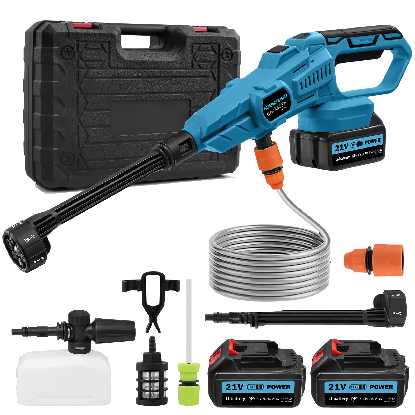 Hidrolimpiadora de Alta Presión,120 Bar Hidrolimpiadora Portátil con Ajuste 3 Velocidades,Pistola de Agua a Presióncon 2×3.0Ah Baterías Recargable,Boquilla 6 en 1,Manguera 5M,para Coche, Jardín