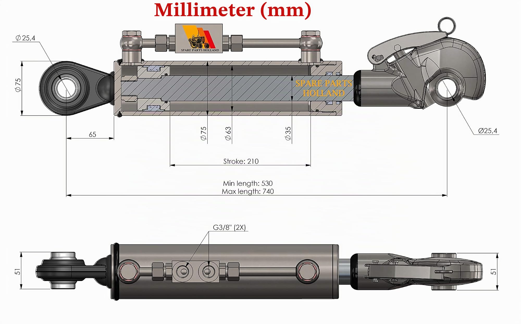 Hydraulischer Oberlenker Kat. 2-2 mit Fanghaken inkl. Sperrblock min. 530→ max. 740 mit 2 x Schläuchen, Hub. 210