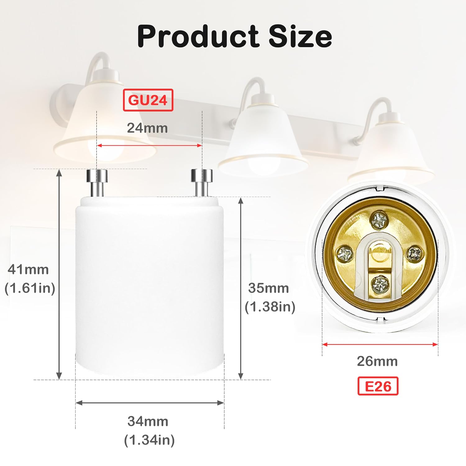 2 Pack GU24 to E26 Adapters, ATREFUU GU24 to E26 Medium Base Light Bulb Socket Adapters for Wall Lights, Ceiling Fans and Pendant Lights, 2pcs