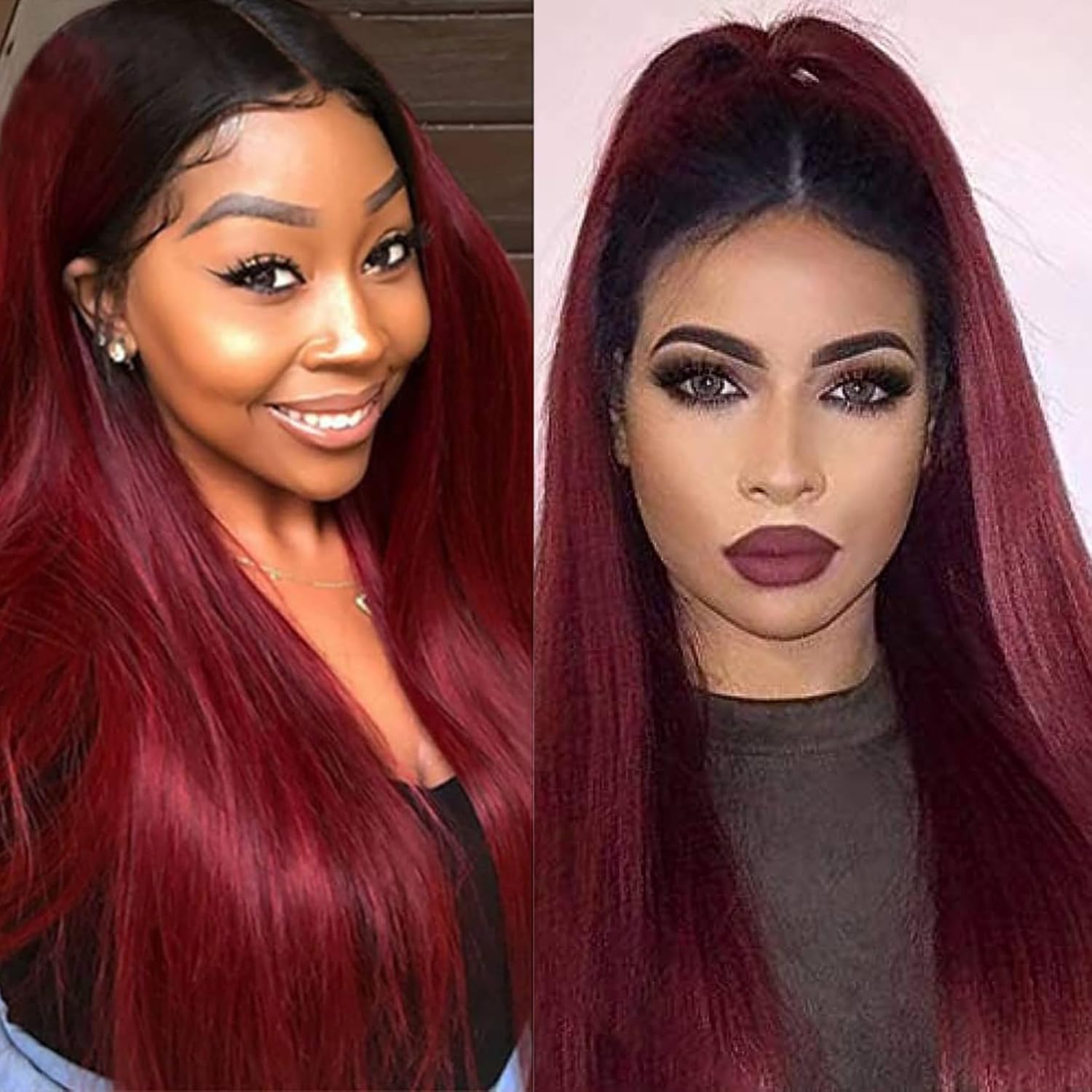 28 Inch Long Straight Synthetic Wig Heat Resistant Middle Part Lace Front Wigs Ombre Burgundy Glueless Natural Looking Wigs for Women (28 Inch Straight Wig Ombre Burgundy)