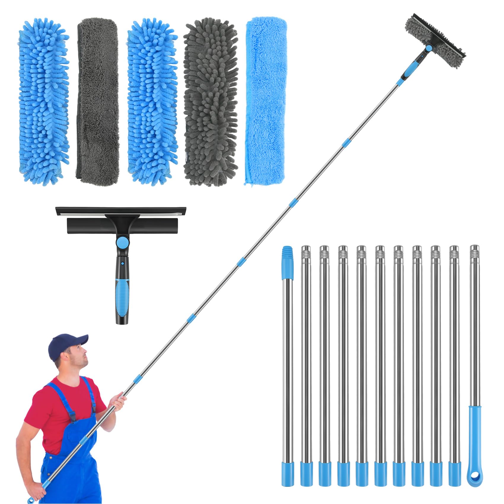 Clickinline Window Cleaning Equipment, 5m Window Squeegee, Telescopic Window Cleaner, With Squeegee Brush and Scrubber Tool, 11 Pcs Adjustable Pole for Indoor/Outdoor High Window, Wall, ​Car (Blue)