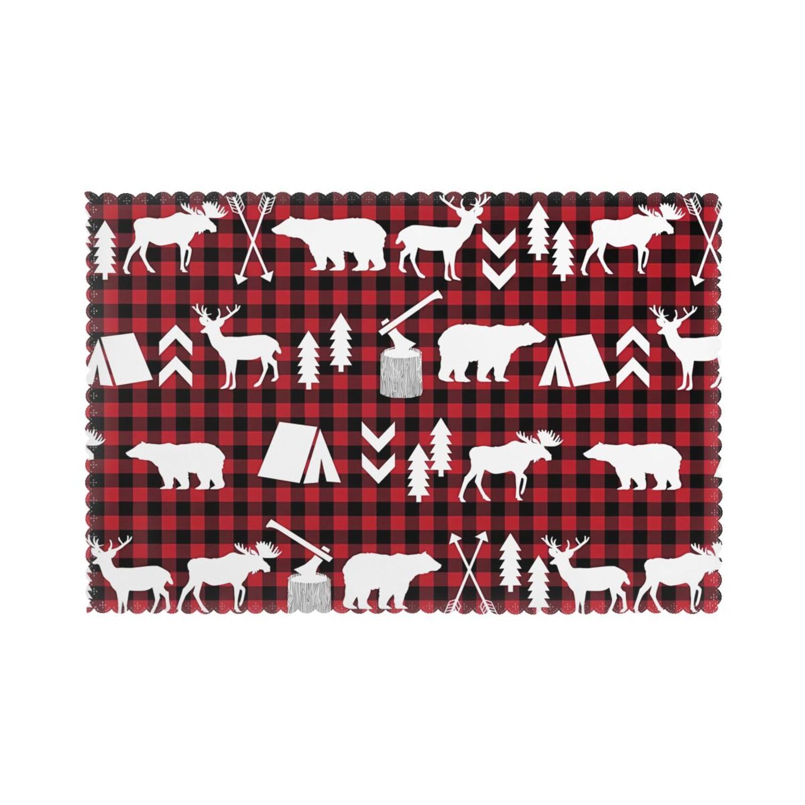 WHJSSF Cow deer tree christmas Prints Placemats Set of 6 12x18in - Durable Table Layers with Heat-Resistant & Wrinkle-Free Polyester