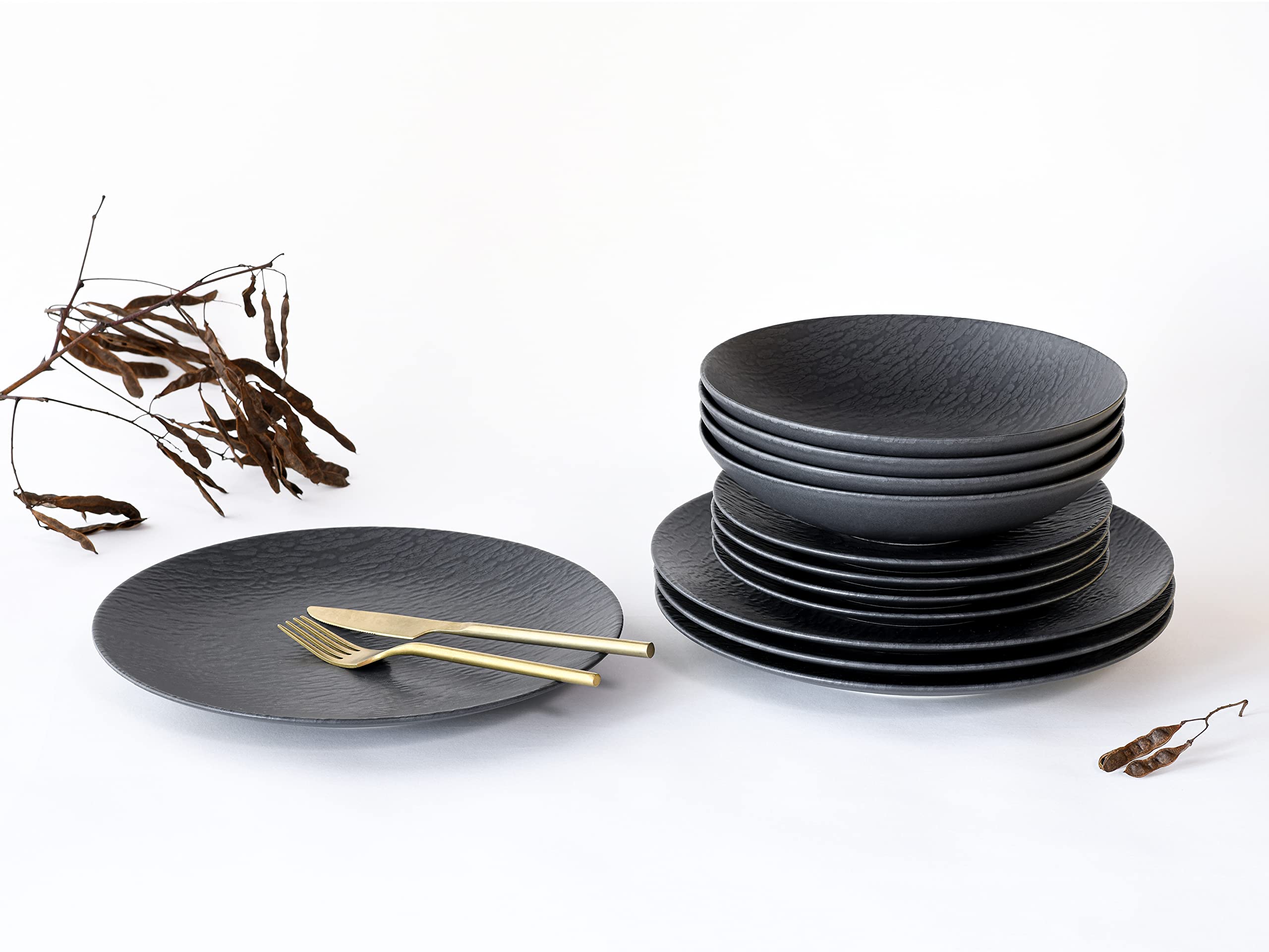 CreaTable, 20540, seria SchieferBlack, 12-częściowy zestaw naczyń, zestaw talerzy z kamionki, nadaje się do mycia w zmywarce i używania w kuchence mikrofalowej, wyprodukowano w Portugalii