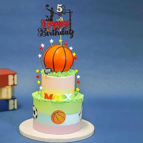 Miniatura 5 de 1 pieza de decoración de pastel de baloncesto de 5 cumpleaños con purpurina para temática deportiva de baloncesto para baby shower, decoración de
