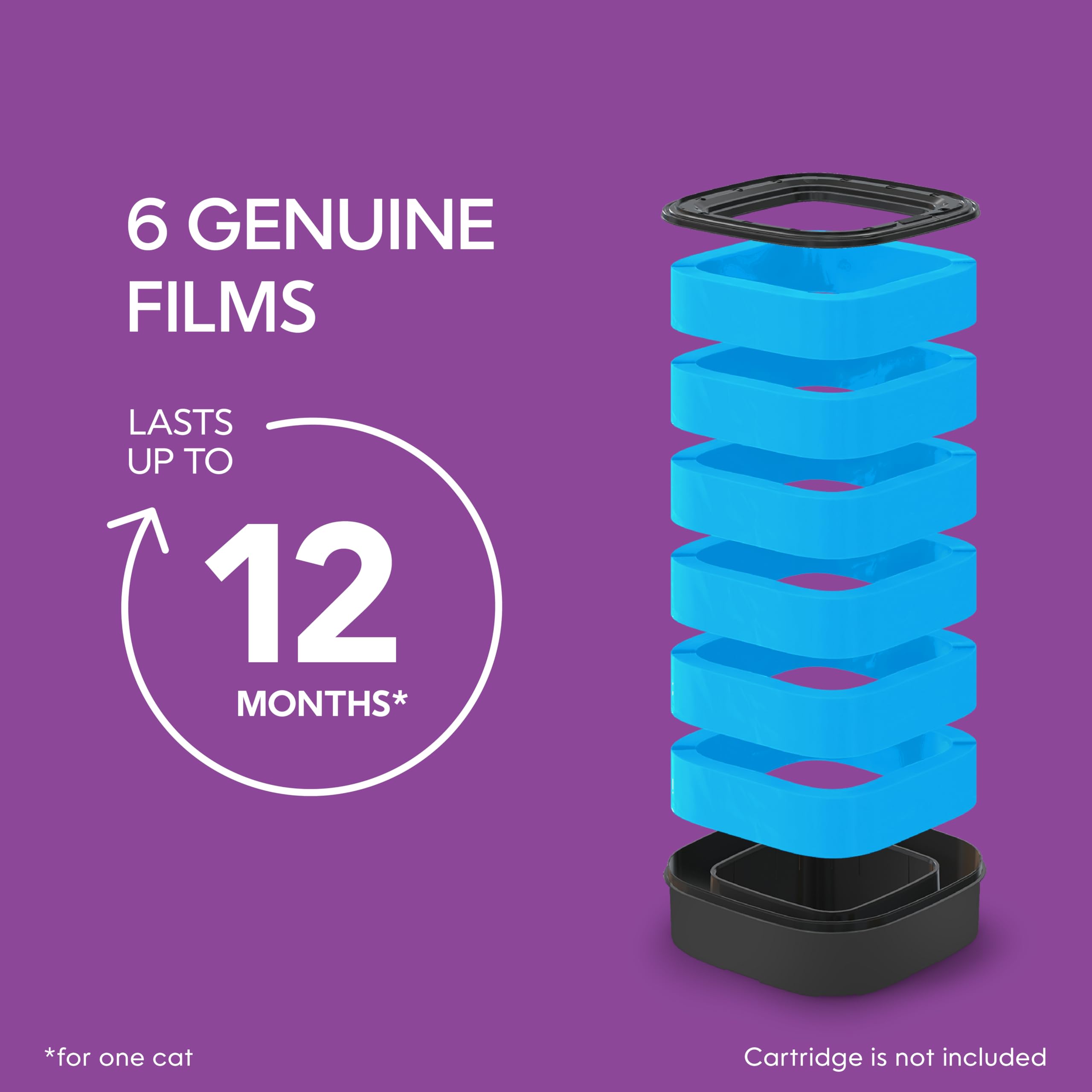 Las bolsas de recambio Litter Genie de película auténtica, paquete de 6 unidades proporcionan un total de 80 pies de bolsas, ofreciendo hasta 12 meses de uso para un gato.