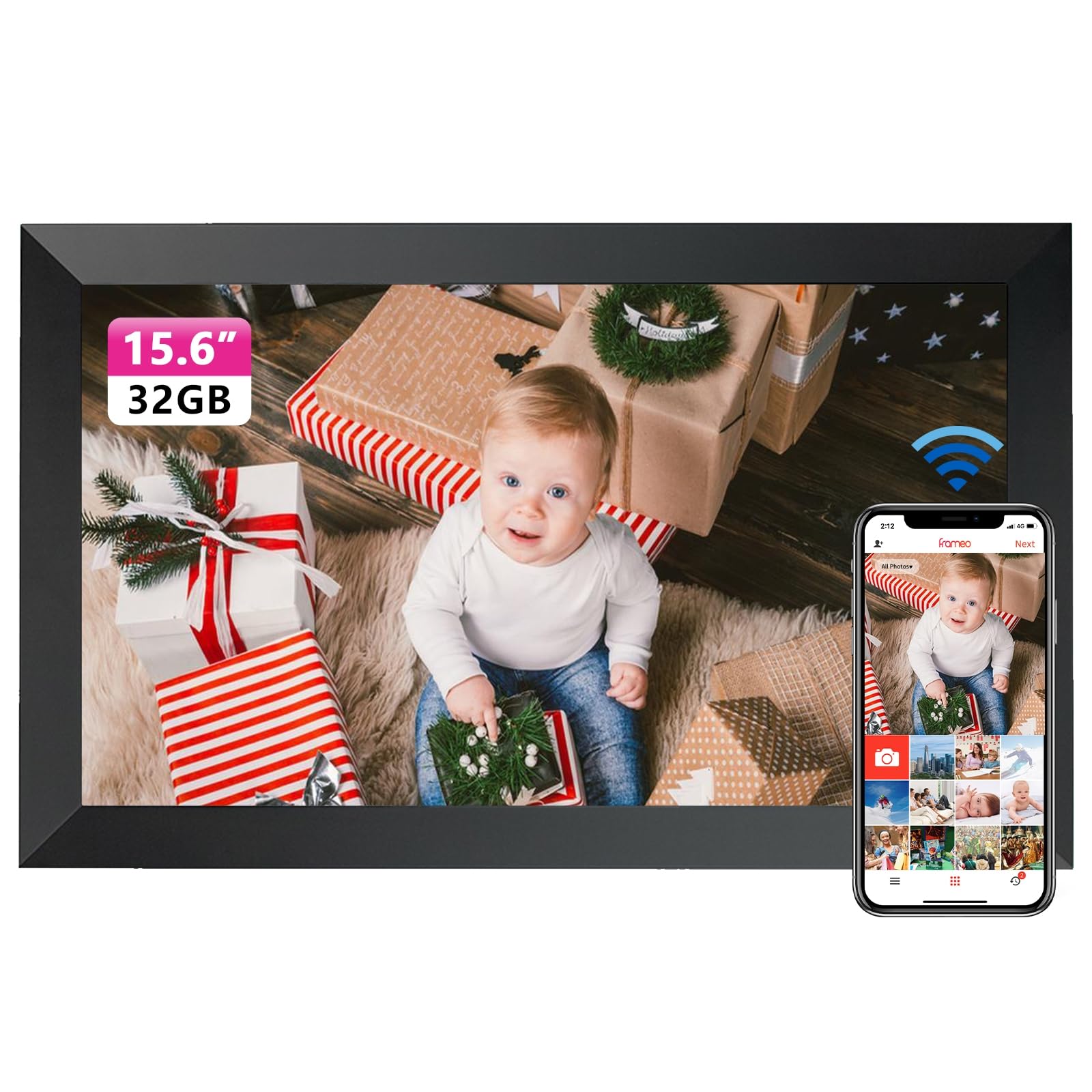 Frameo WLAN Digitaler Bilderrahmen 15,6 Zoll, 1920x1080 FHD IPS Touchscreen Smart Fotorahmen,Elektronischer Fotorahmen Groß mit 32GB,Automatische Drehung,Teilen von Bildern, Videos,Wandmontage Möglich