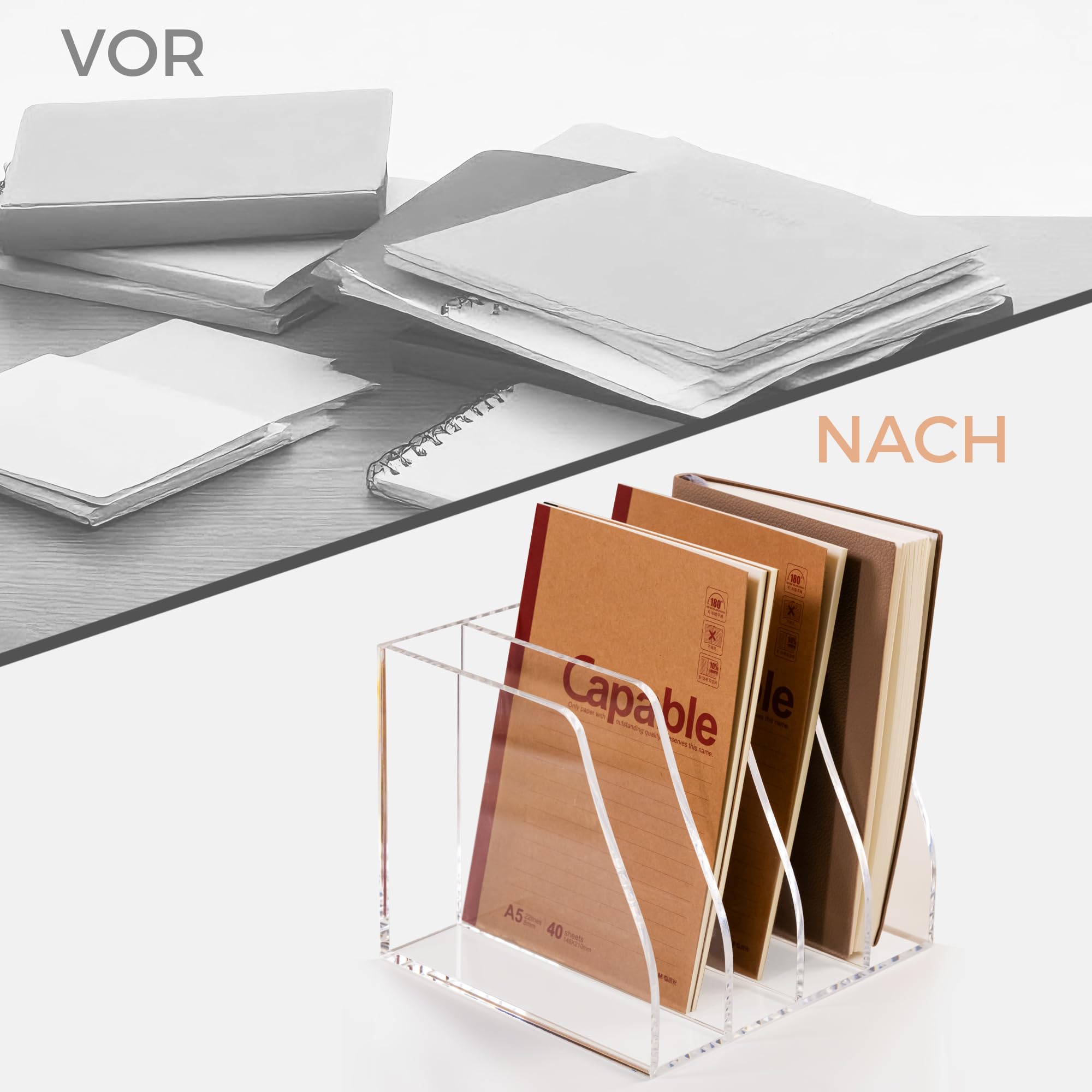 Revistero de acrílico B5, soporte para revistas de archivos con 4 compartimentos, organizador de escritorio