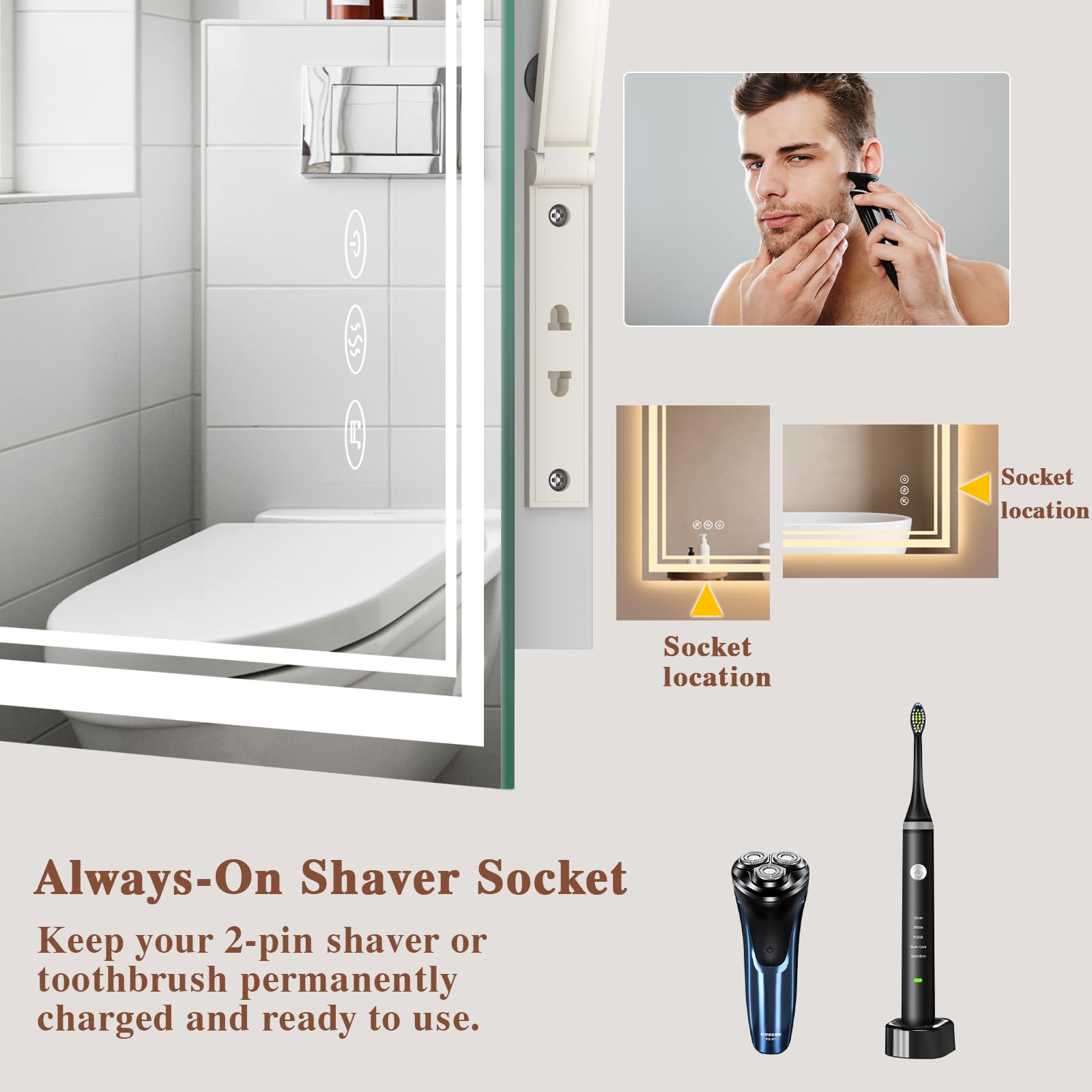 Specchio da bagno con luce a LED: 45 x 60 cm, illuminato a parete, Bluetooth, LED, con presa per rasoio, anti-appannamento, 3 colori, dimmerabile, funzione di memoria, specchio intelligente