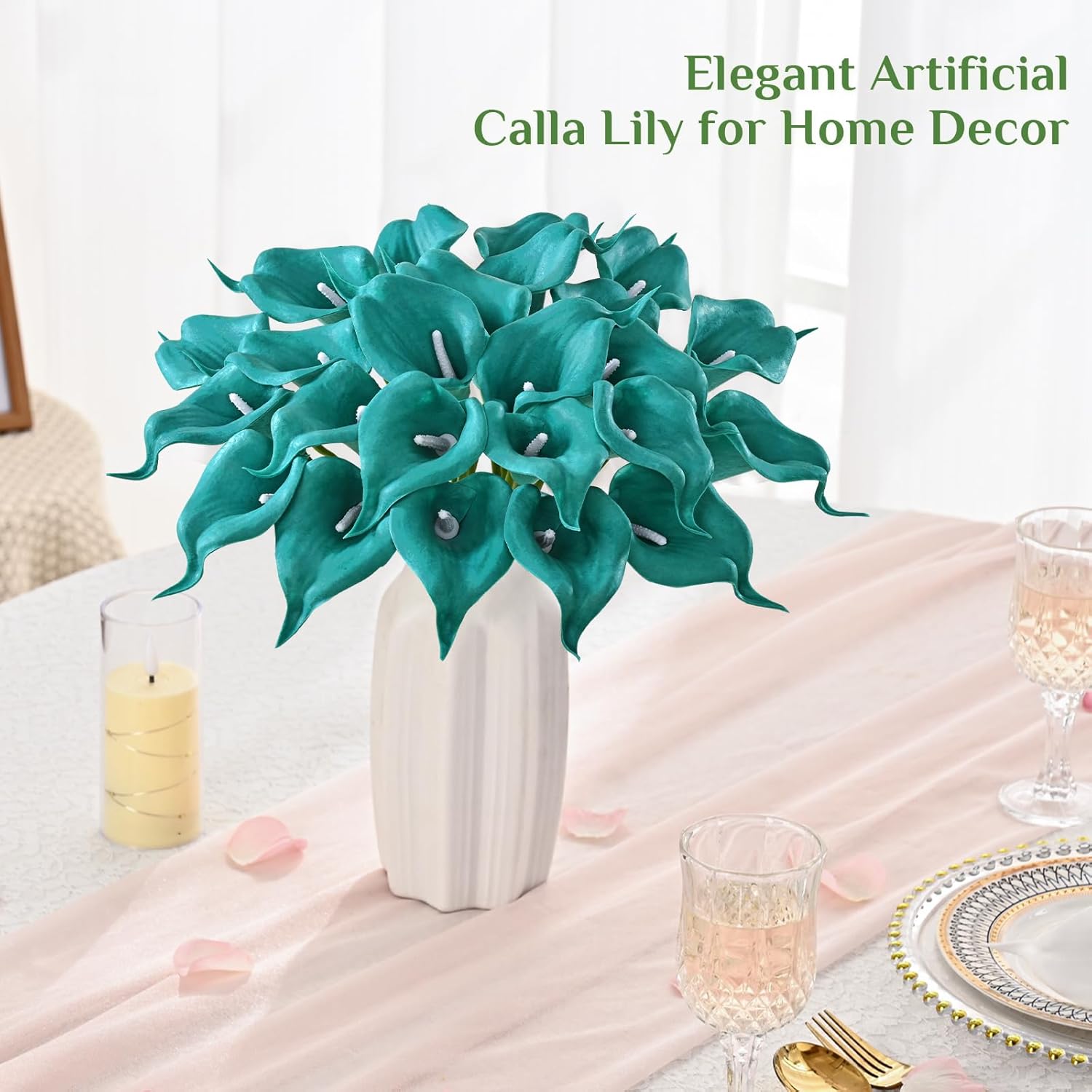 Yastouay 36 Pcs Calla Lily Artificial Flowers, Real Touch Teal Blue Artificial Flowers Wedding Bouquet, Real Look Fake Flowers for Wedding Home Indoor Outdoor Centerpiece Decor