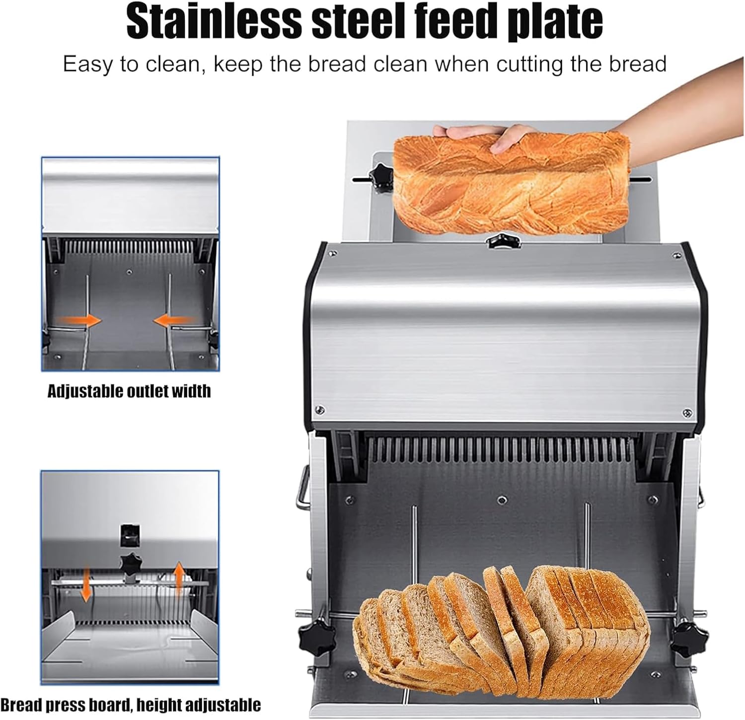 Diagram illustrating the stainless steel feed plate, adjustable outlet width, and height-adjustable bread press board of the bread slicer. A loaf of bread is shown being fed into the machine, and sliced bread is exiting.