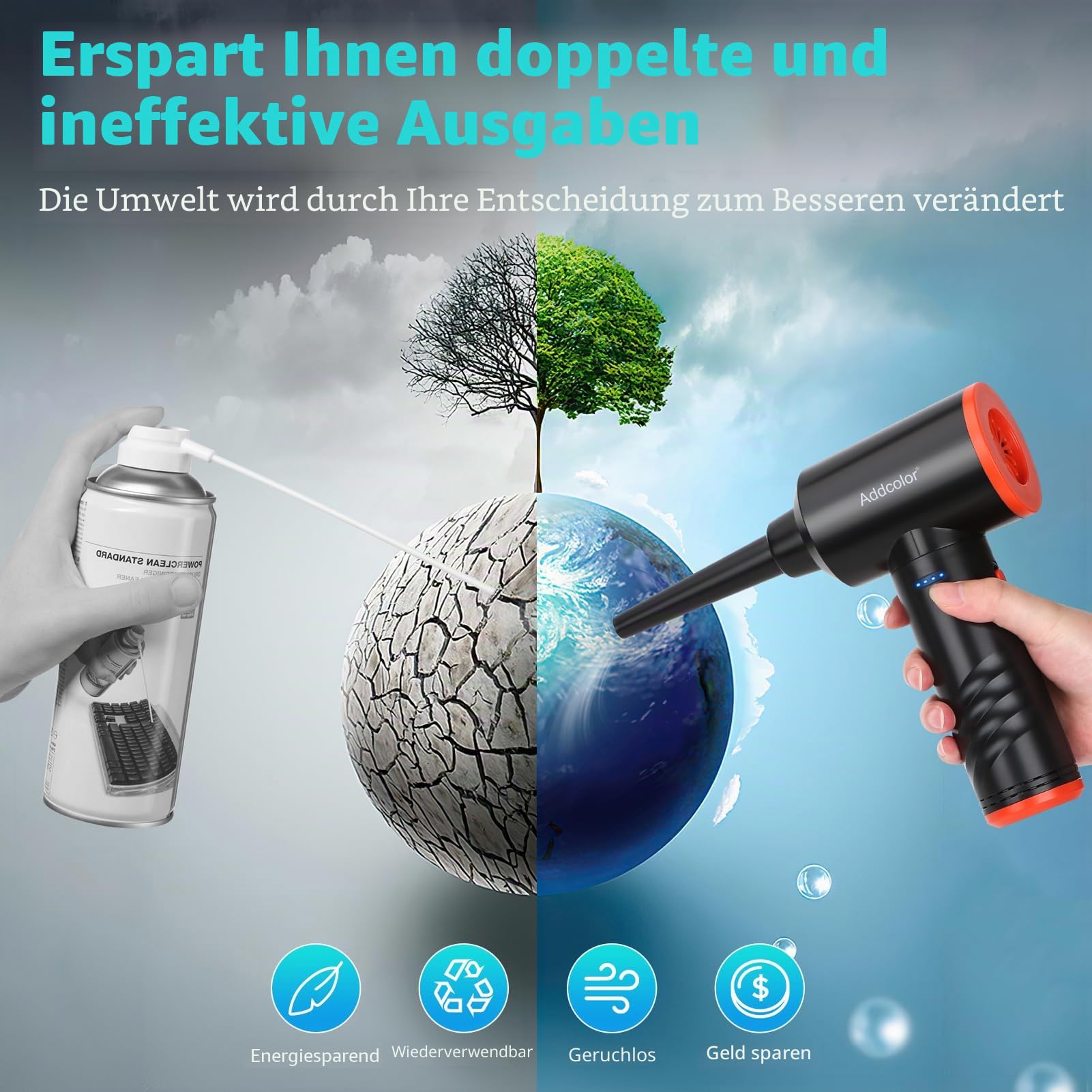 Elektrische Staubgebläse, 3-Gang 100000 U/min Compressed Air Duster Mit LED-Licht, Wiederaufladbar Druckluftspray mit 6000mAh Akku, PC Reinigungsset für Tastatur, Auto, Sofa