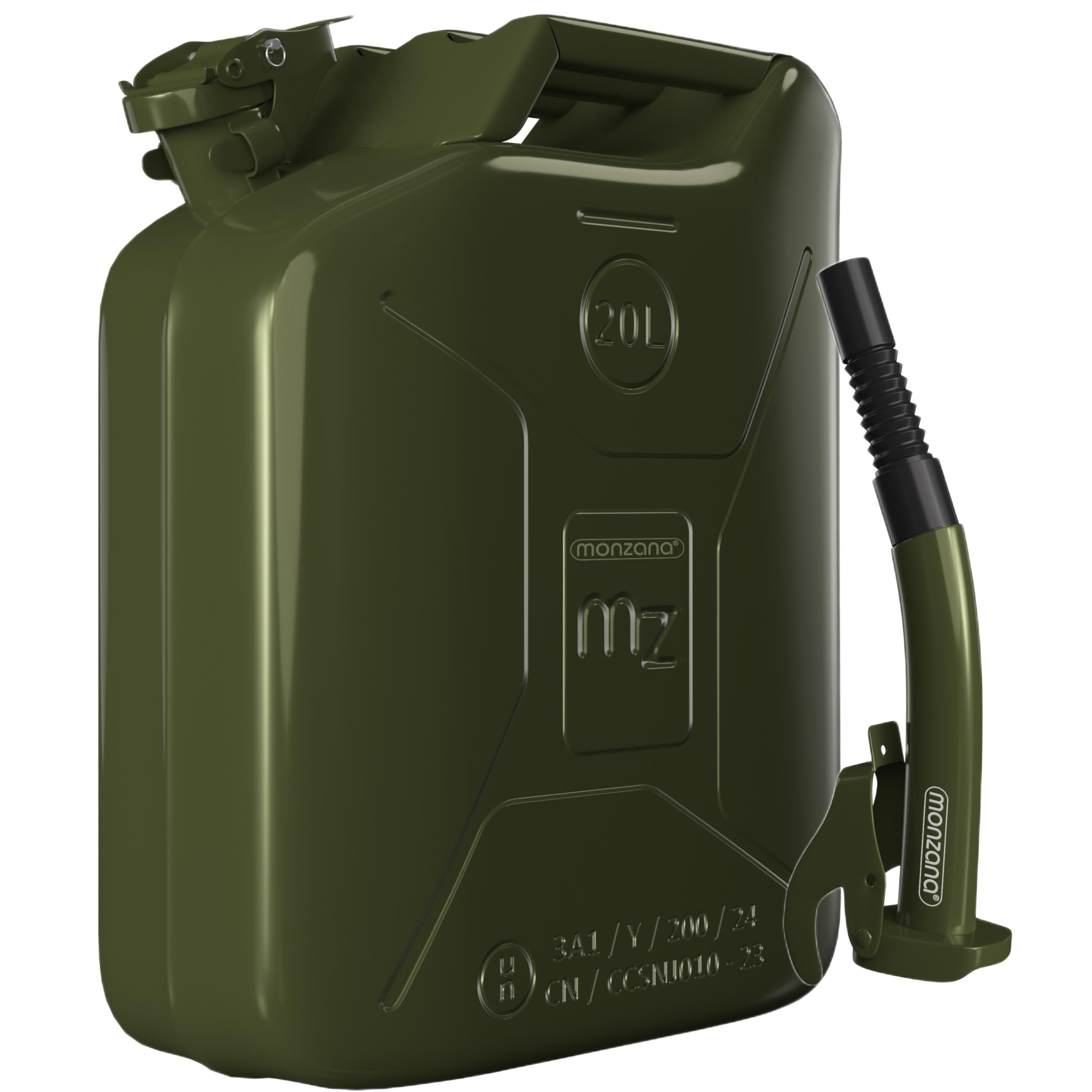 MONZANA® 20 Litre Metal Jerry Can | Fuel Petrol Diesel Oil Water Canister | Including Pouring Spout Extension | 20L Steel 36x17x46cm | UN Approval Olive Green | Home Workshop Car