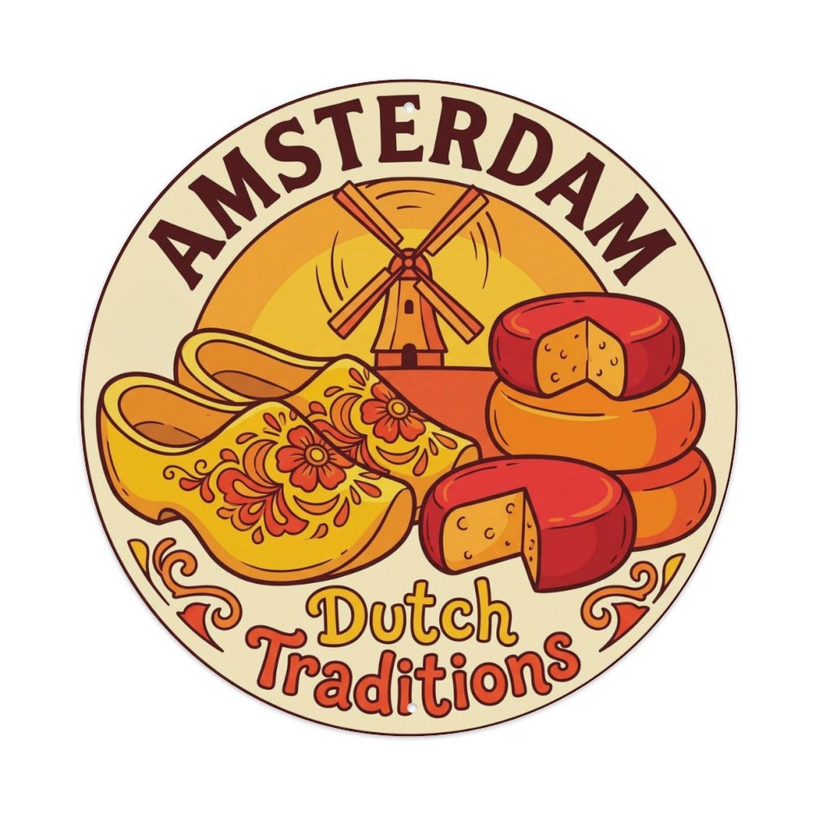 Dutch Cheese Clogs Amsterdam Vintage Food Travel Heritage Metal Tin Sign Plaque Wall Decor for Cafe, Man Cave, Club Bar, Office, Home Garden Round Metal Poster 8x8Inch