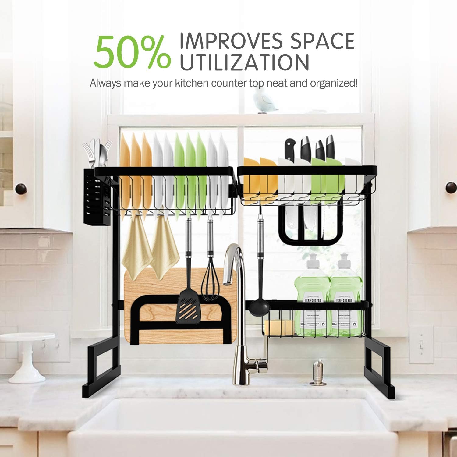 SOLEDI Dish Drying Rack Over The Sink, 2 Tier Large Stainless(Suit Max 24“ Sink) Dishes Drying Rack Countertop & Wall Organization Space Saver with Utensils Holders for Kitchen Storage Organizer