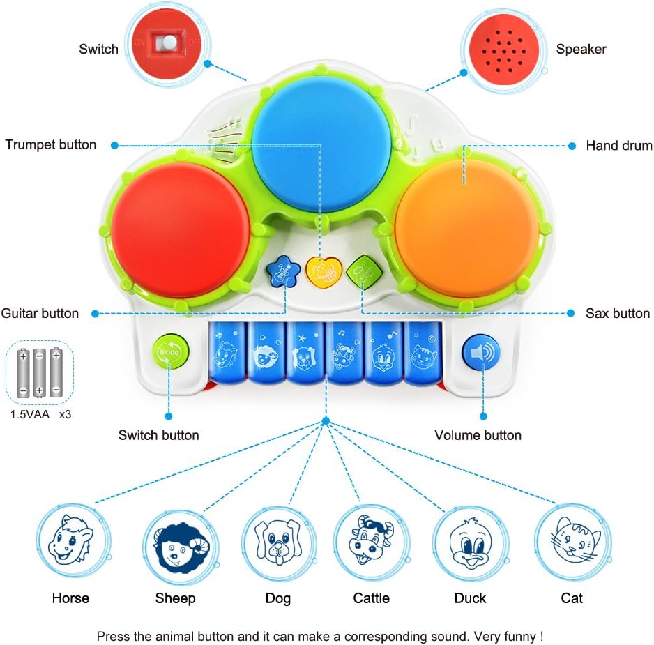 AVIASWIN Toddler Musical Toy, Instrument Musical Drum and Piano Toys for Infant Baby Girl and Boy, Learning Gift Travel Toy with Music and Lighting Up, Animal Sounds, Baby Toys 6, 12, 18 Months : Toys & Games