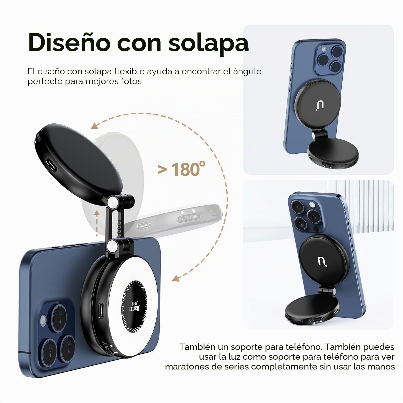 ULANZI LM19 Anillo Magnético Luz Teléfono Móvil, Selfie Luz Teléfono Móvil 3 con Temperaturas de Color 2500k-8500k CRI95, Video Luz Extensión Reversible para iPhone 16 15 Selfie Video Streaming Tiktok