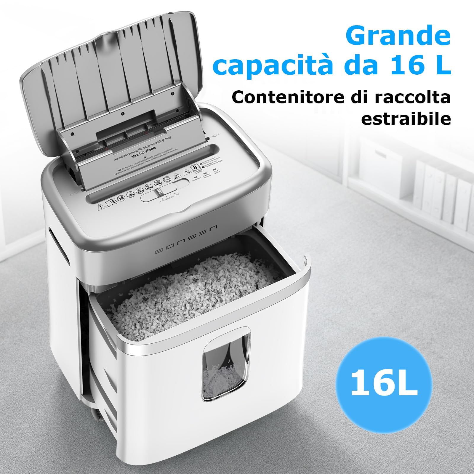 BONSEN Distruggidocumenti 100 Fogli Auto-Feed, P-4 Micro-Taglio | 30 min in continuo & silenzioso ≤60dB per casa e ufficio, S9201