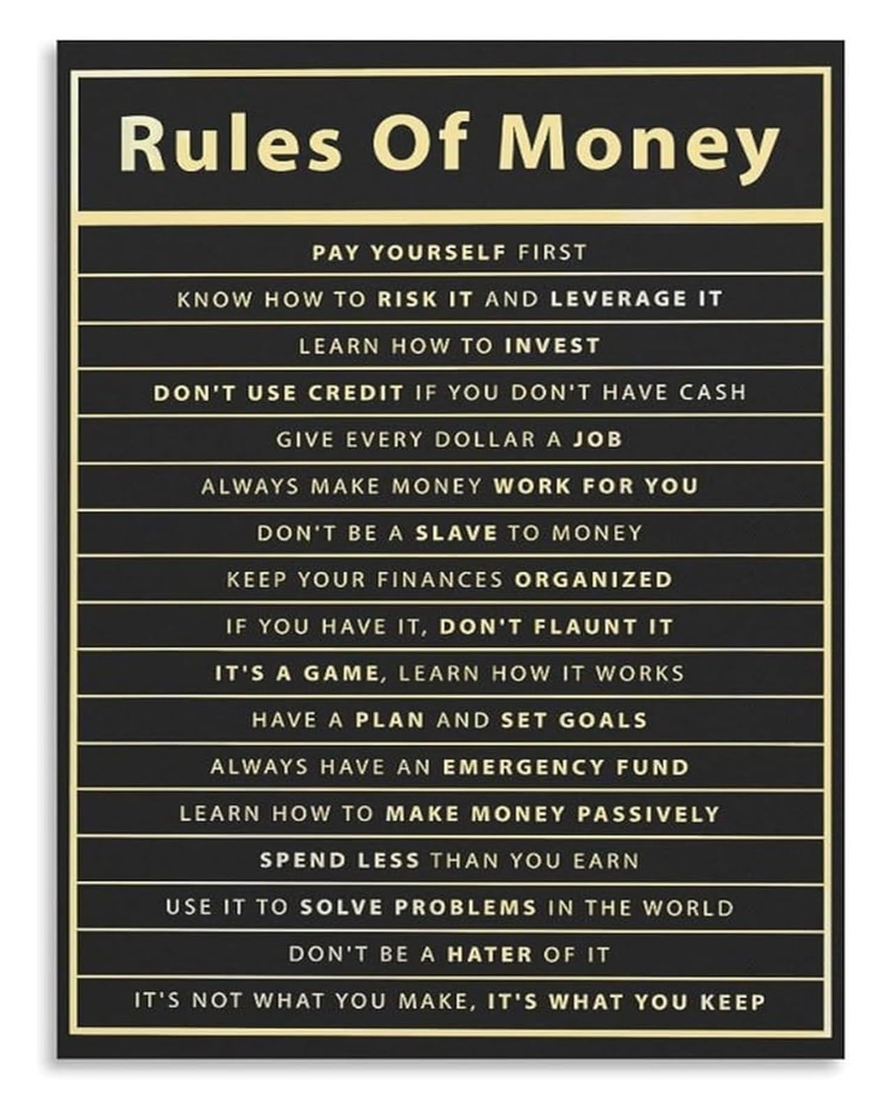 LLBOGRGGN Financial Success Poster Motivational Money Rules Quotes Canvas Wall-Art for Office or Study Room(Framed,08x12inch(20x30cm))
