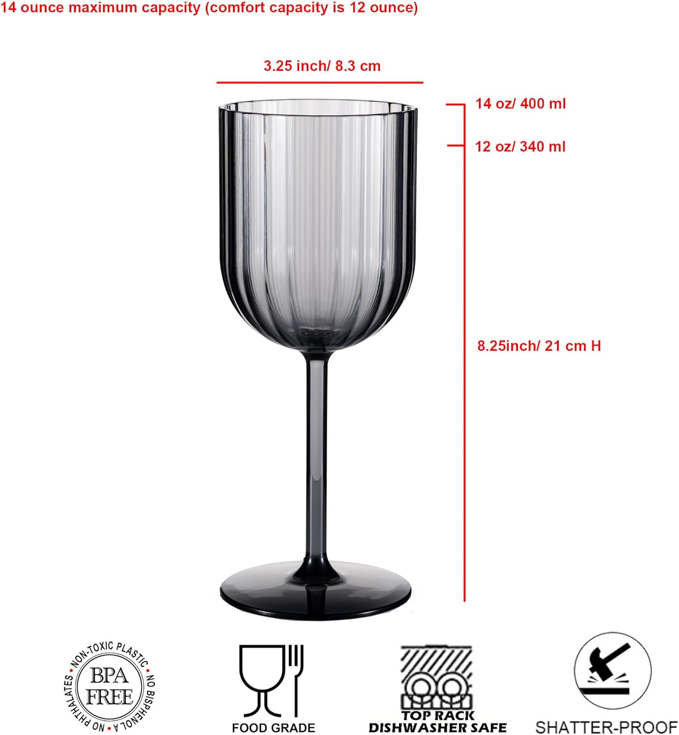 14-ounce Plastic Fluted Stem Wine Glasses, Ribbed All Purpose Arcylic Glasses, set of 6 Grey, Reusble Shatter-resistant Dishwasher Safe