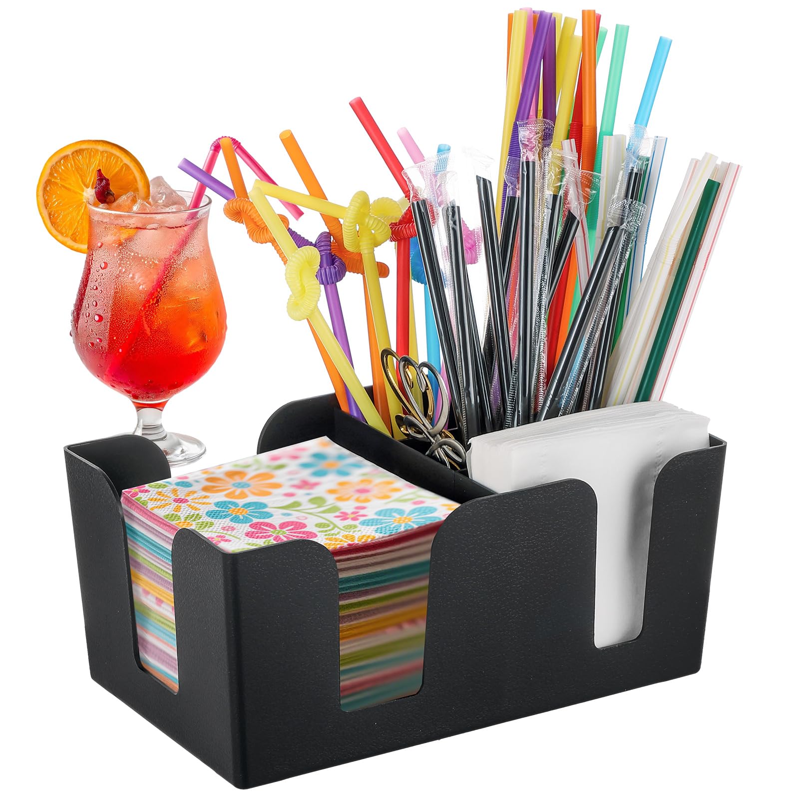 FLKQC Bar Caddy with 6 Compartments Plastic Bar Organizer Bar Organizer Holds Napkins Toothpicks Straws - 9 5