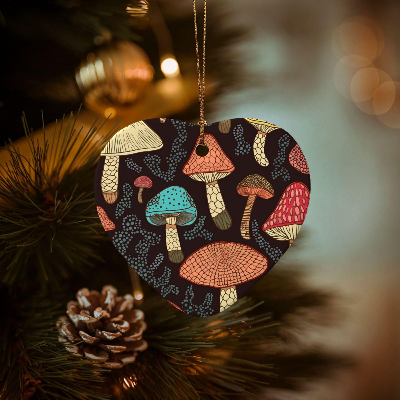 Christmas Ornaments for Christmas Tree Decoration Hanging Mushroom Ornament with Gold Ribbon Crafts Heart Shape Ceramic Pendant for Keepsake Gifts Xmas Decor Party Supplies