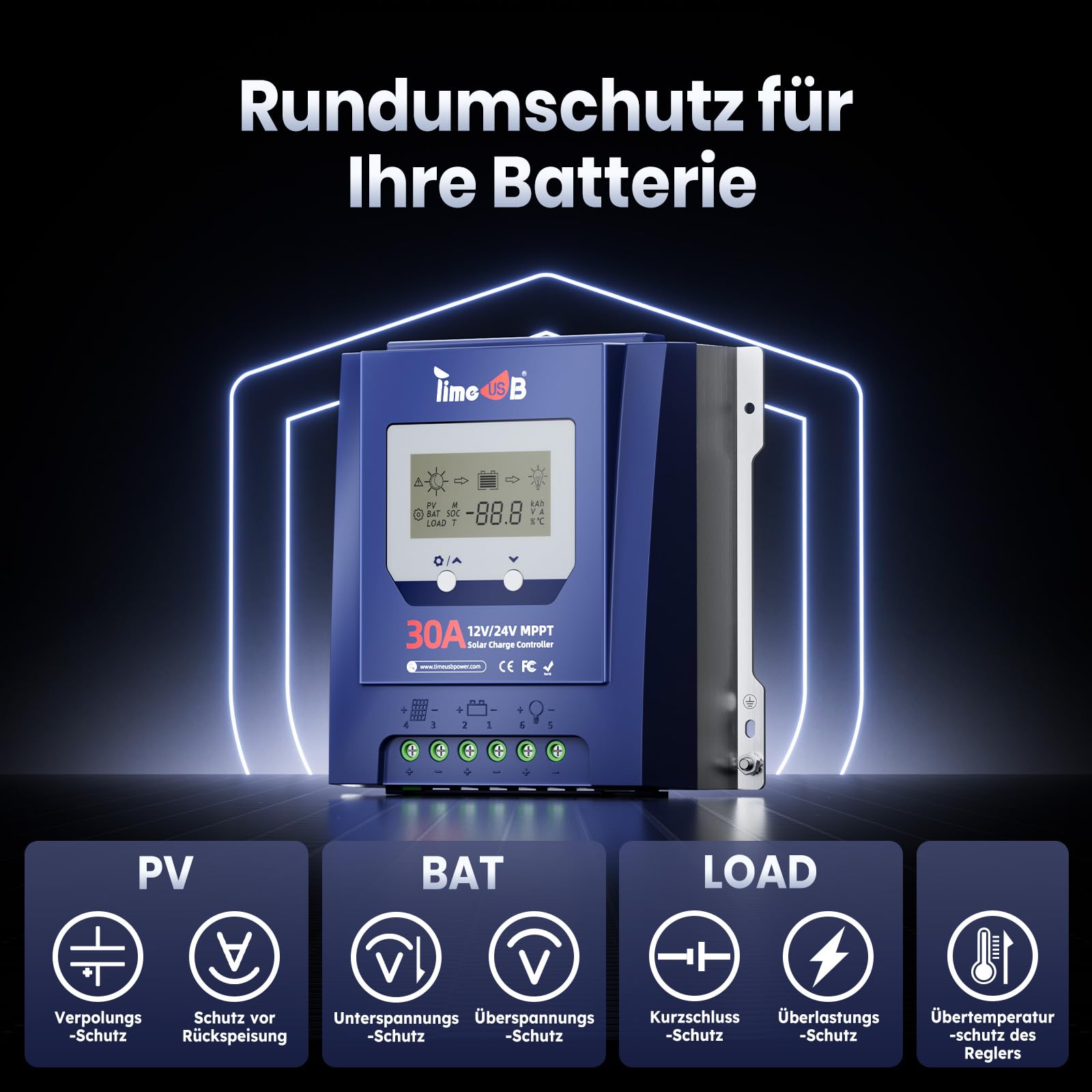 Timeusb 12V/24V 30A MPPT Solarladeregler für Lithium Blei-Säure Batterien | Max. 50V PV-Eingang,Automatische Erkennung & 99% Effizienz,Intelligenter Solar Regler mit LCD-Bildschirm für Wohnmobil