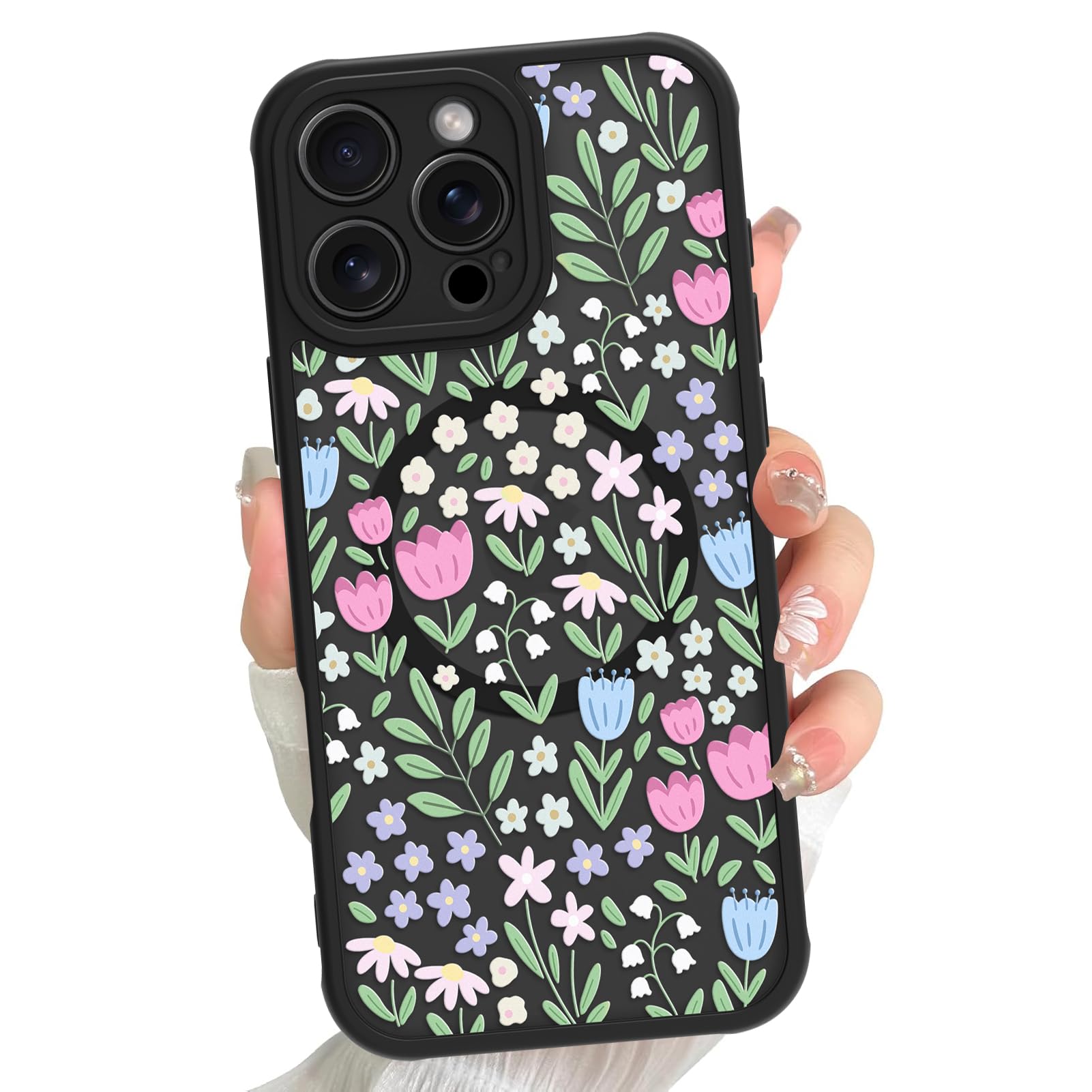 LEOMAKRON Floral Case Designed for iPhone 16 Pro Cute Colorful Flower Pattern with Semi-Transparent Case [Compatible with MagSafe] for Girls Women