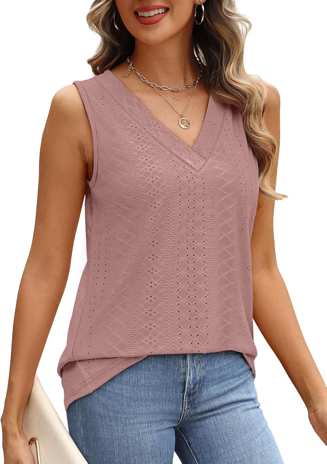 WIHOLL Tank Top for Women Summer Outfits V Neck T Shirts Trendy Eyelet Sleeveless Basic Beach Vacation Clothes - Image 4