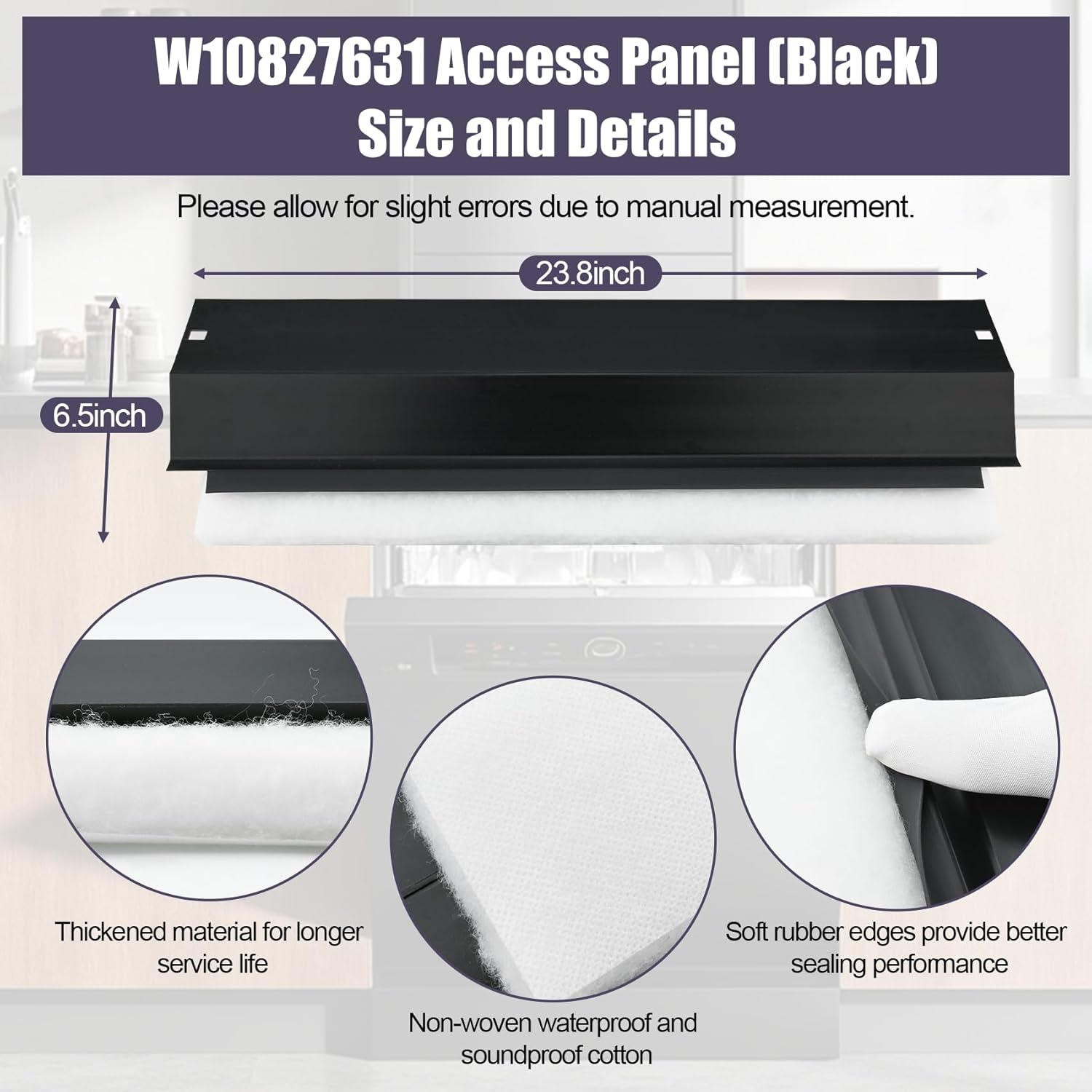 W10827631 Dishwasher Access Panel Compatible with Whirlpool OEM Upgraded (Black) W10827631 Panel with Sound Insulation Cotton Replace W10369023 W10369024 W10369027 W10799402 WPW10369023 and More