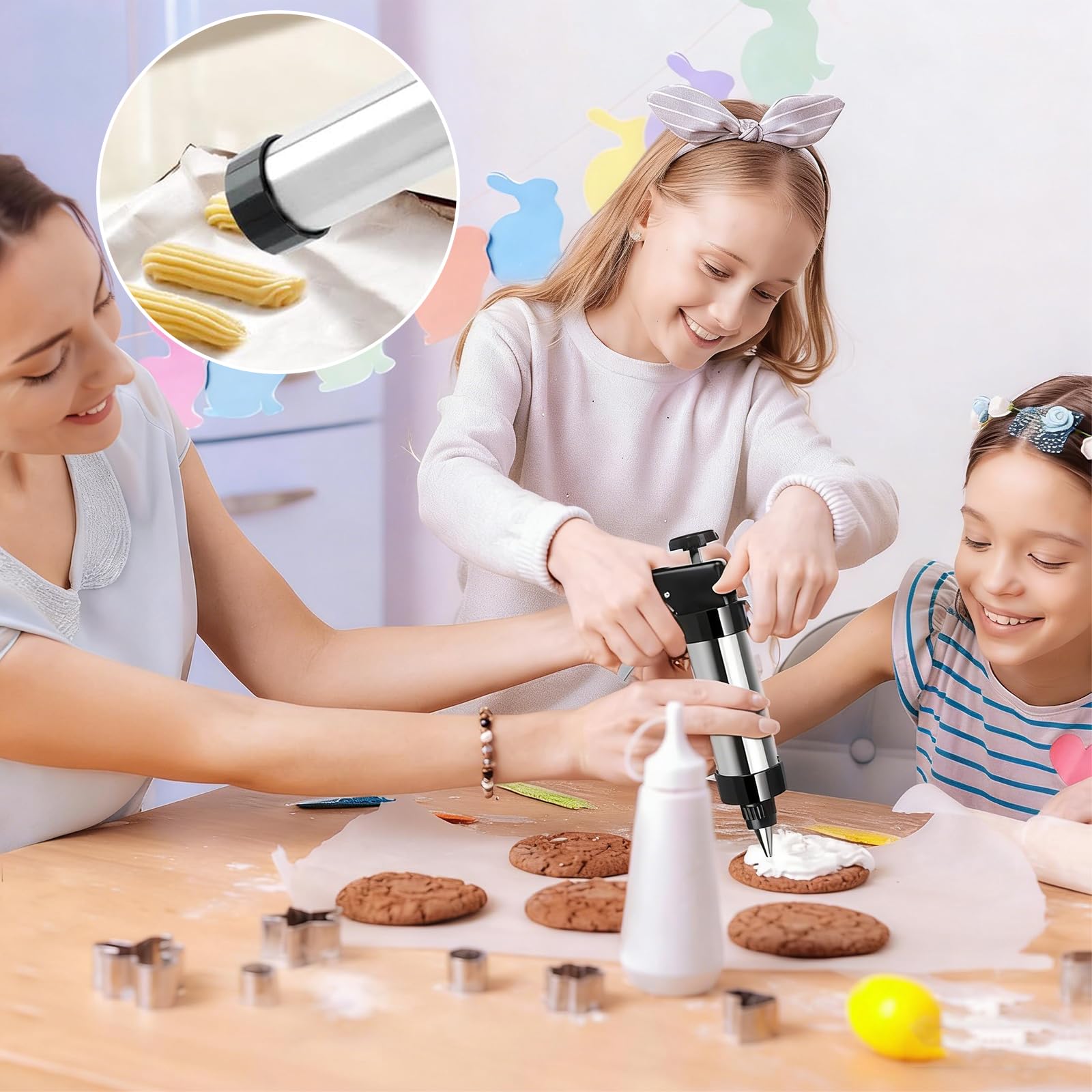 Machine a Churros, Appareil a Churros en Acier Inoxydable, Presse Biscuit avec 13 Pochoirs, 8 Douilles, Outil Multifonction pour Pâtisserie Maison, pour Biscuits, Décoration de Gâteaux