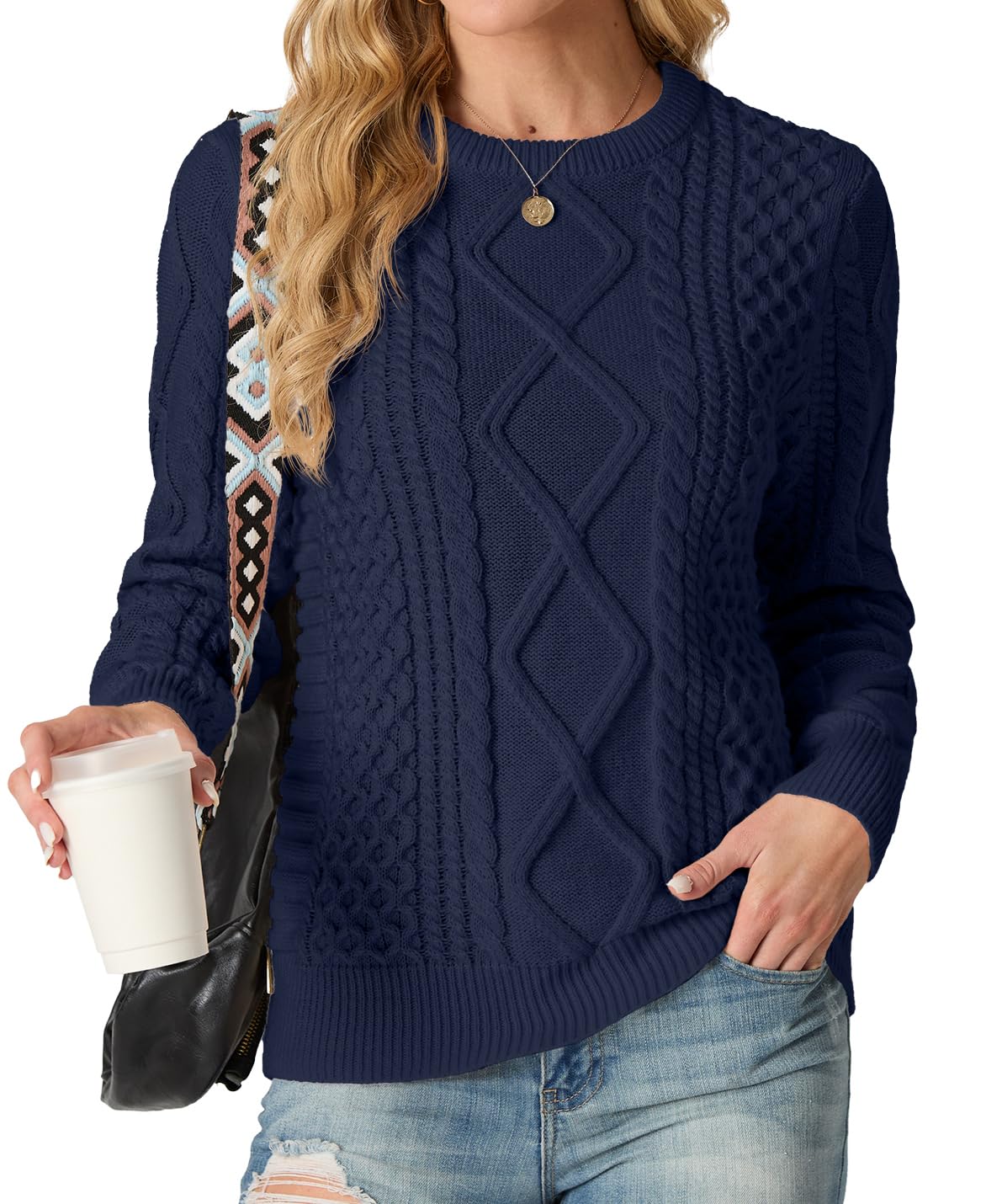 GRECERELLE Pull à col rond en tricot torsadé pour femme - Pull à manches longues pour femme
