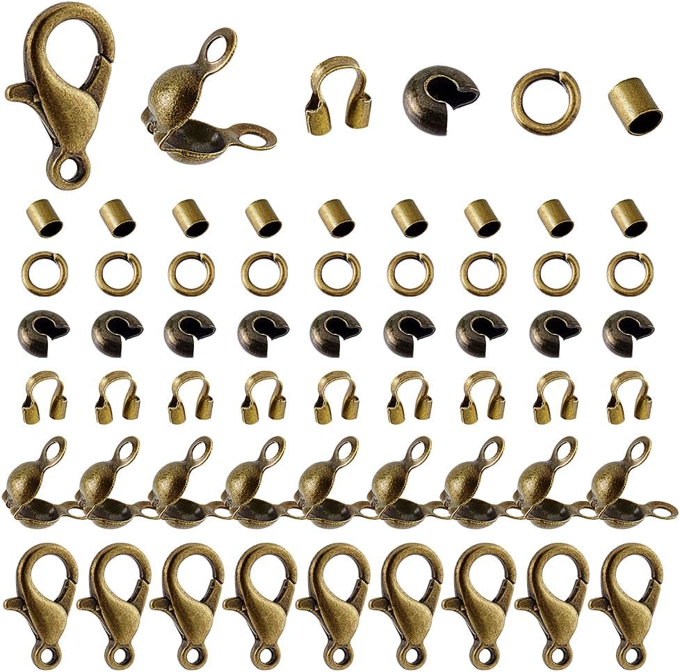 AHANDMAKER 1700Pcs Jewelry Making Accessories Set with Iron Crimp Beads Covers, Zinc Alloy Lobster Claw Clasps, Brass Wire Guardian & End Bead Tips for Necklace Clasps, Antique Bronze