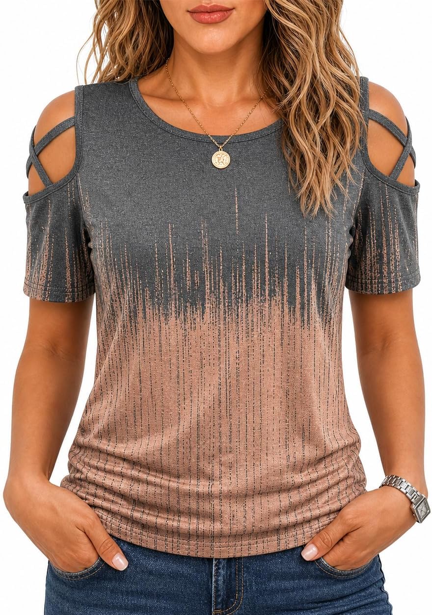  Women's Summer Tops Short Sleeve Cold Shoulder Tops T-Shirts for Women Spring Summer Tops Loose Fit Tunic 2026 thumbnail