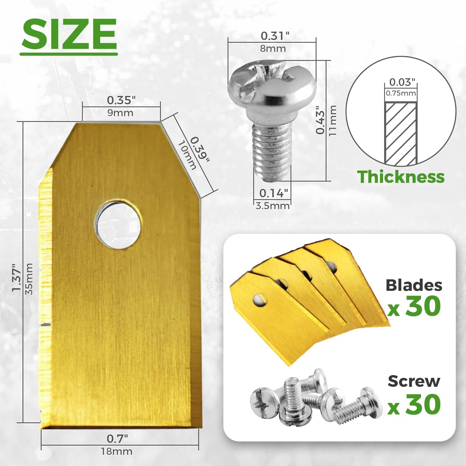 Green Piece Robotic Mower Blades (30 Pack) Titanium-Coated Stainless Steel – Compatible with Husqvarna Automower, Segway, Navimow, etc - High-Performance Cutting with Screws (Regular Size)