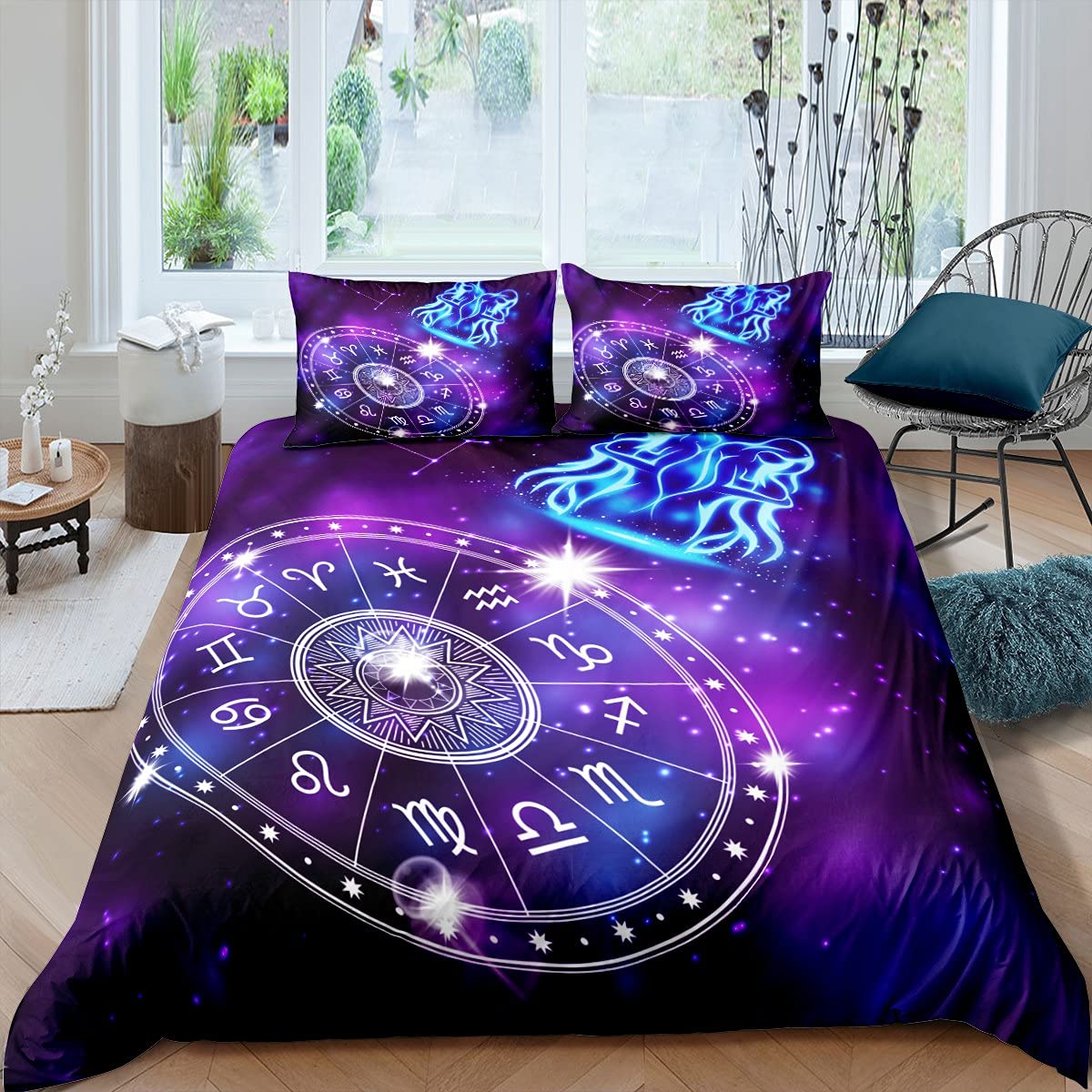 Richhome Women's Multi 04 Gemini Constellation Bedding Set Double Size,Purple Black Starry Galaxy Duvet Cover For Teens Adults,Twin Girls Comforter Cover With 2 Pillowcases,Mystery Astrolabe Room Decor Quilt Cover