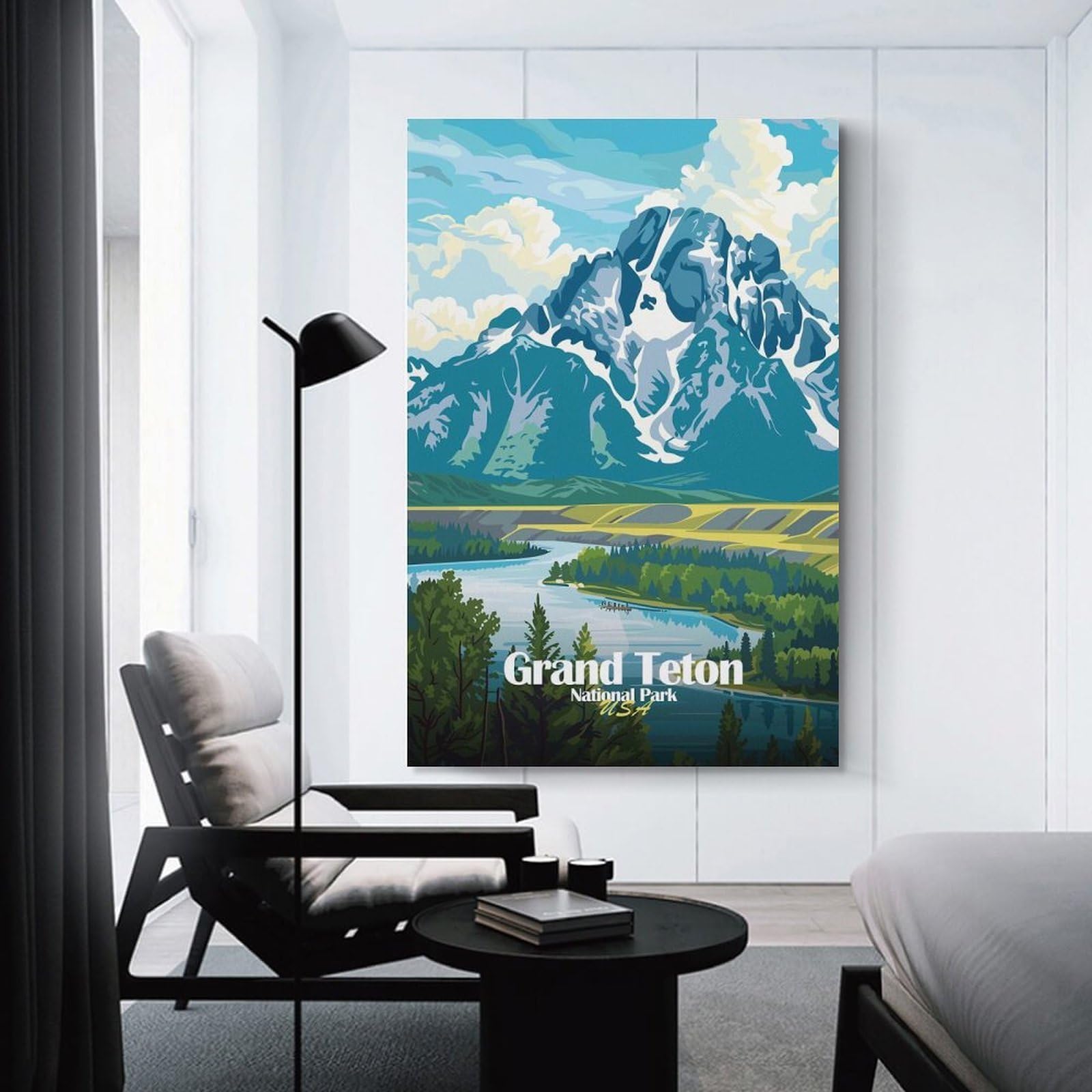 Junmoney Grand Teton National Park Illustration Canvas Wall Picture, 24x36inch(60x90cm), for Front Hall, Corridor Or Welcome Spaces, Wall Decor to Refresh Empty Corners