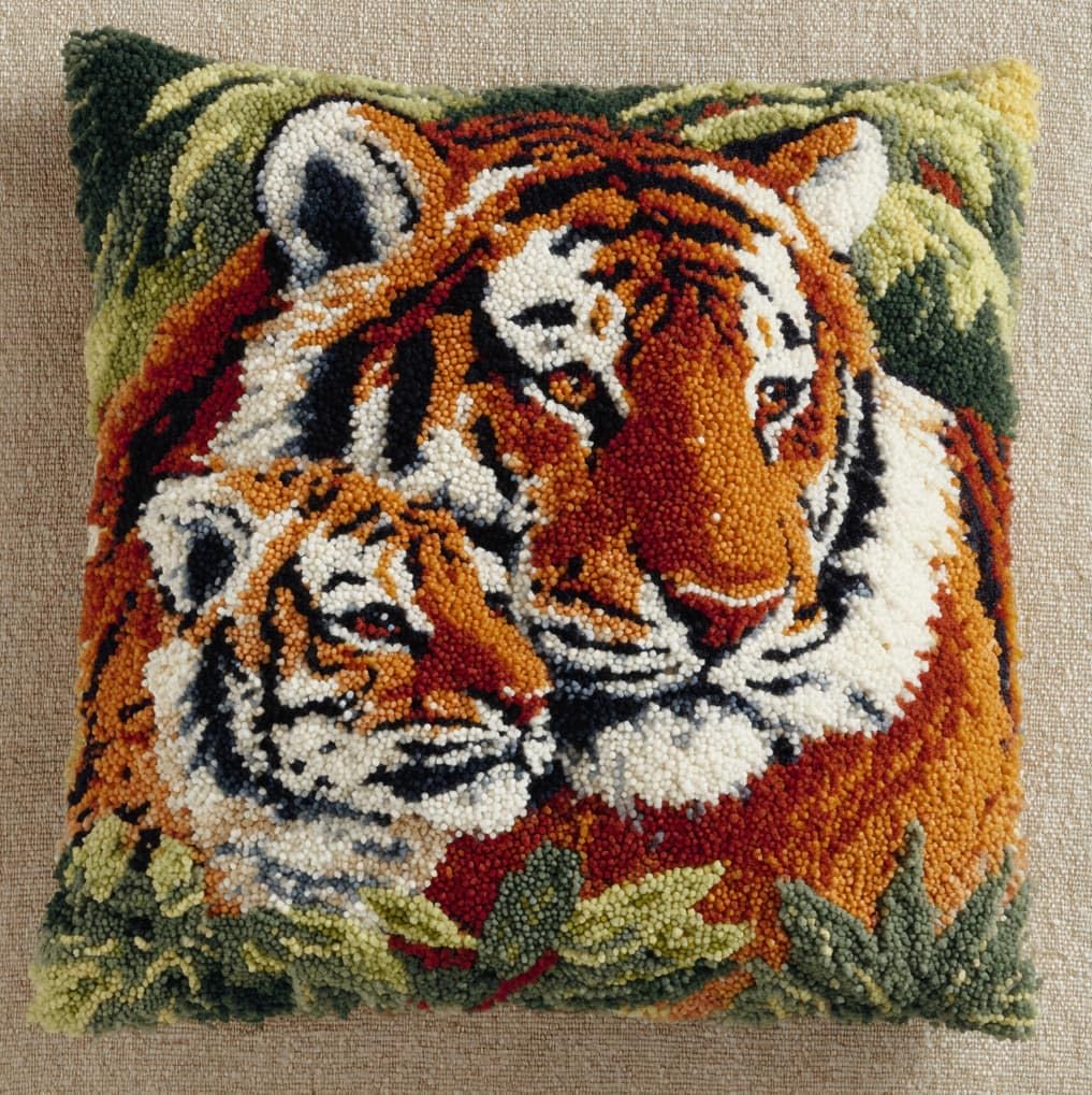 AxiangziK DIY Latch Hook Pillow Kit 43x43cm,Tiger Mother and Cub