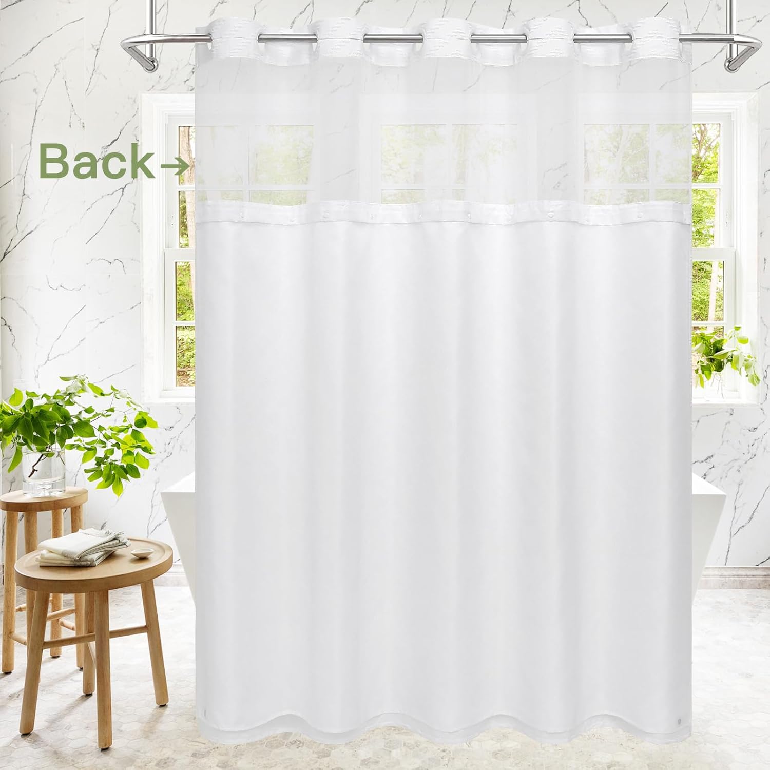 No Hooks Boho White Shower Curtain Set with Snap-in Liner, Farmhouse Woven Fabric Tufted Chevron Striped Textured Shower Curtain, Modern Style with See Through Window 72 x 74