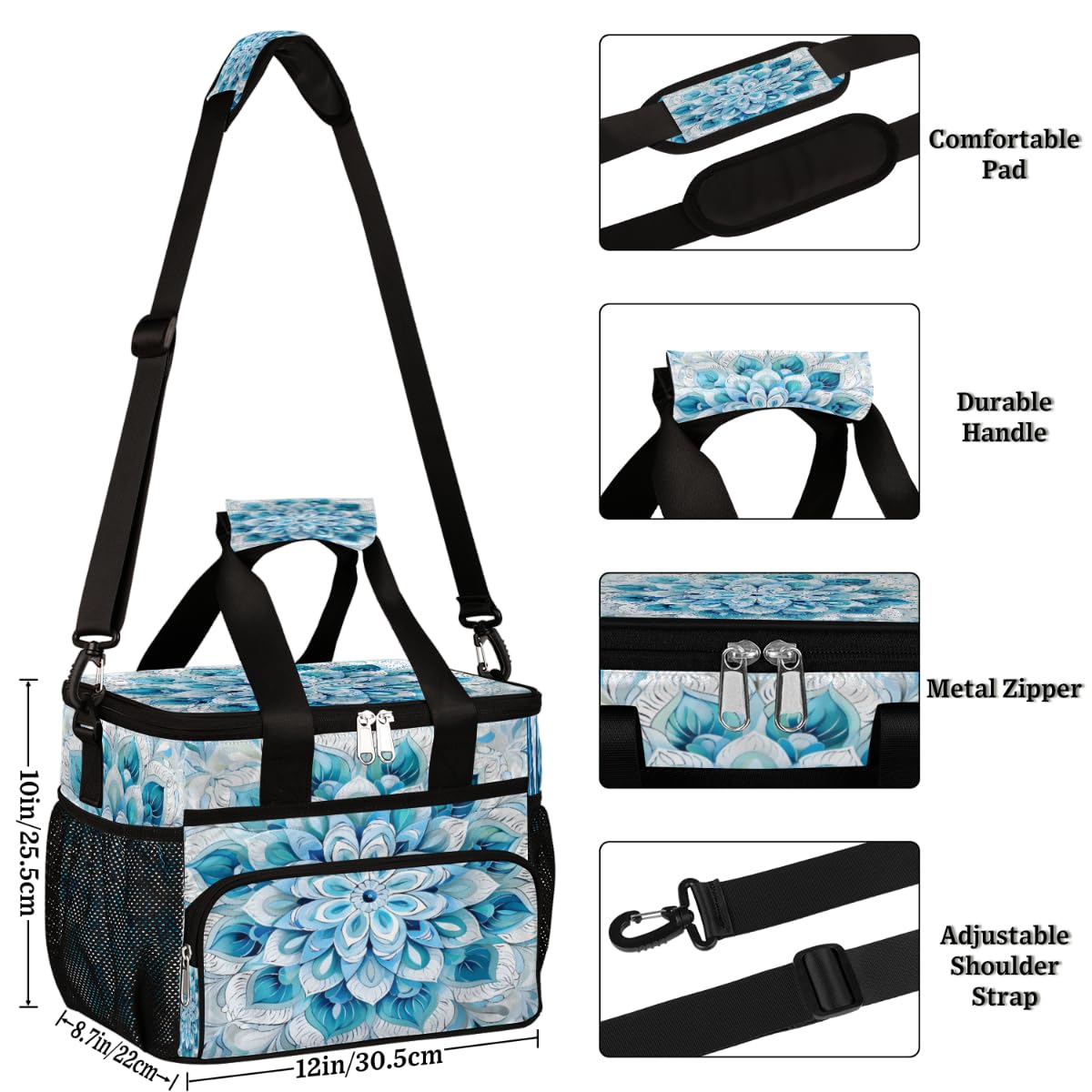 Beauty Floral Insulated Picnic Backpack Lunch Box for Women Men Picnic Basket Tote Lunch Bag Picnic Bag Portable Lunch Bags for Picnic, Beach, Work, Trip,Office, Camp Abstract Blue Flowers