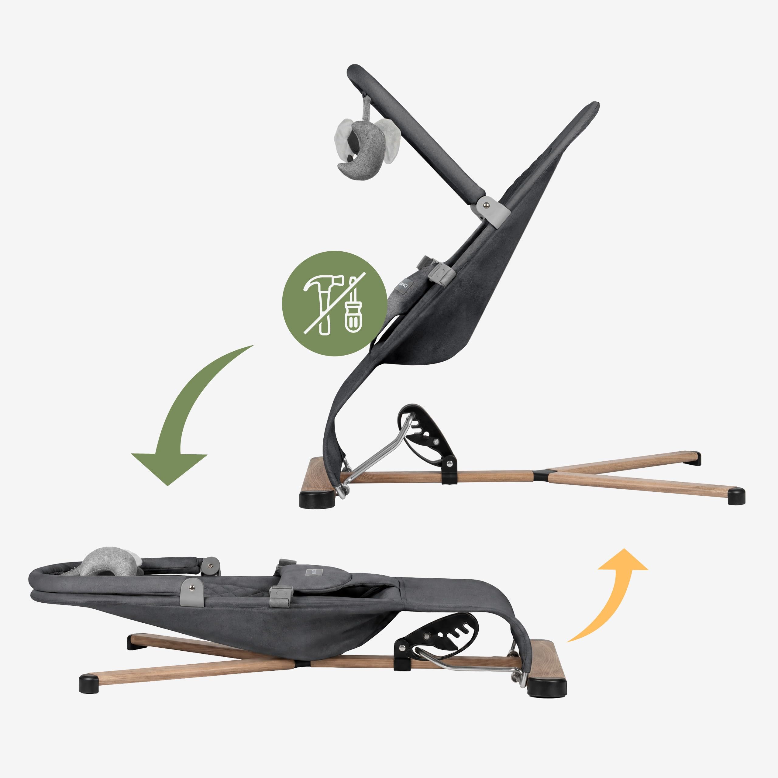 TULANO Moon 30 Ergonomiczne leżaki dla dzieci z łukiem do zabawy, naturalne kołysanie bez prądu, regulowane i składane oparcie, 3-punktowa uprząż dla dzieci, bardzo miękka i oddychająca - niebieska